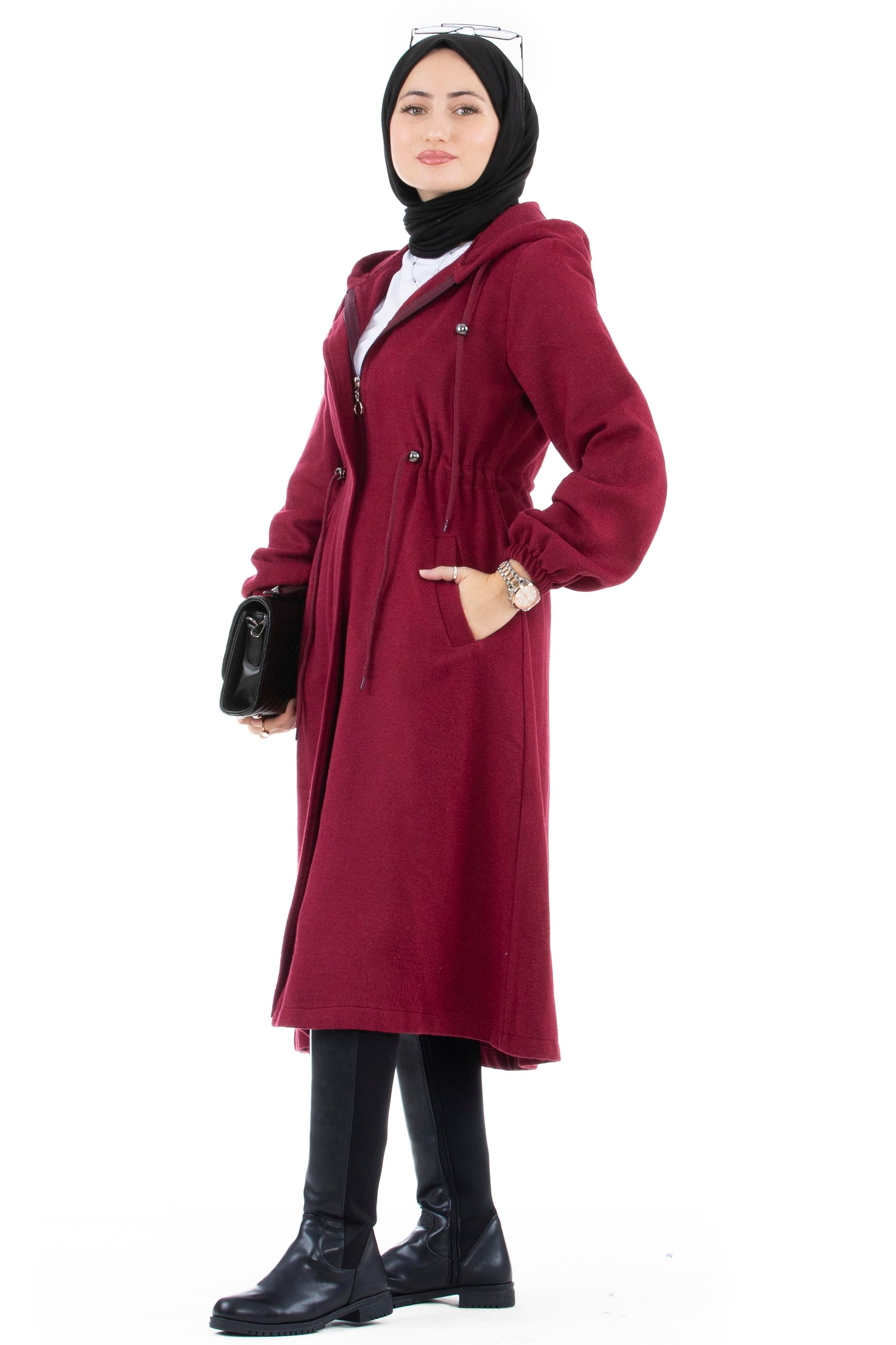 Waist Tunnel Woolen Coat-Maroon