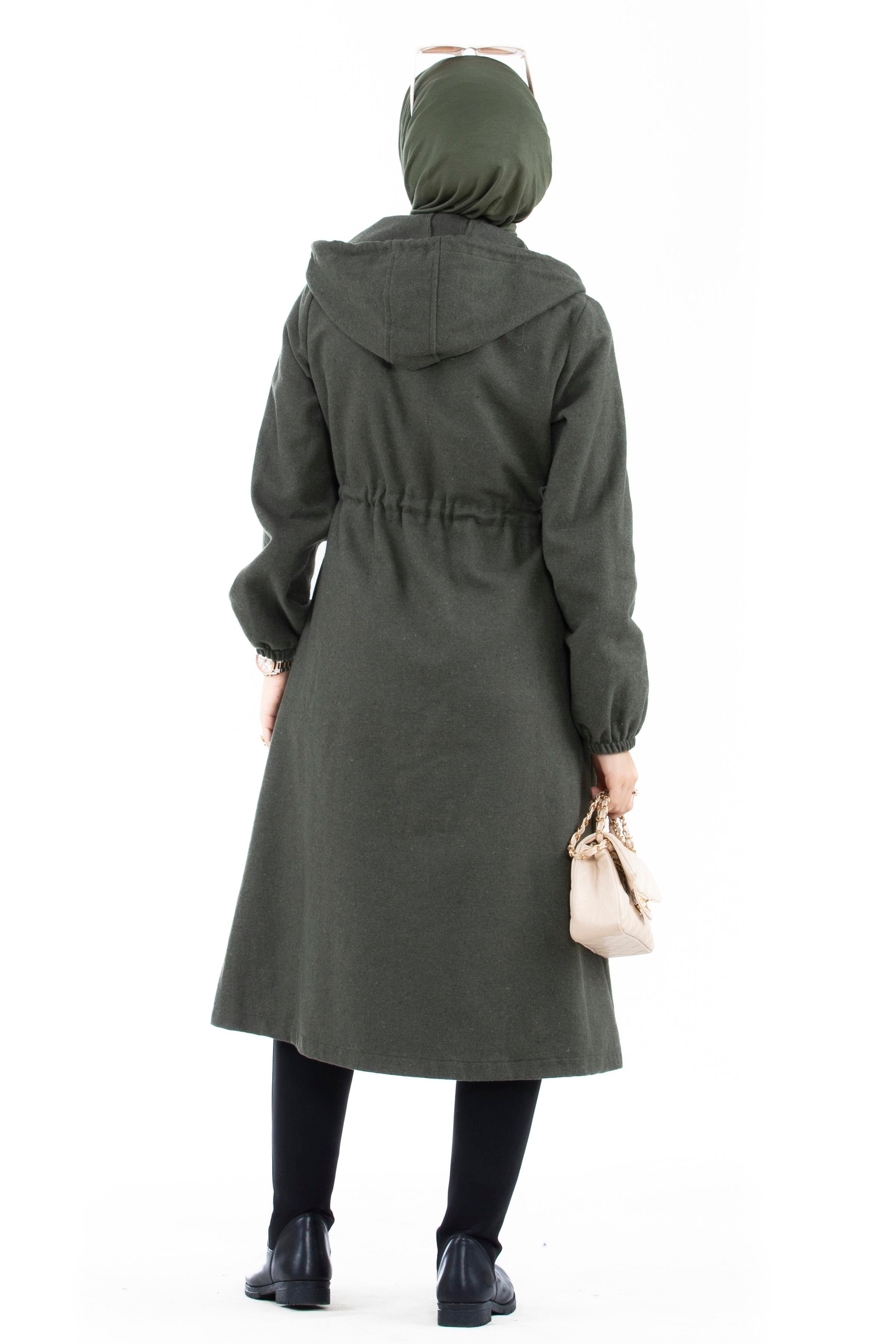 Waist Tunnel Woolen Coat-Khaki