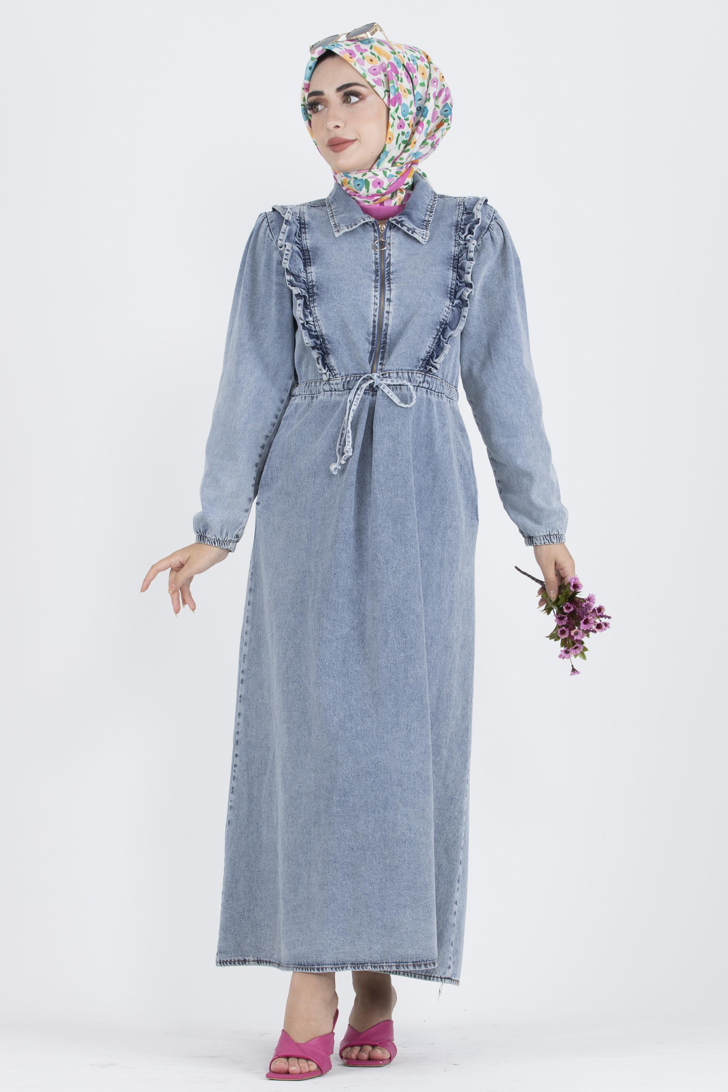 Waist Tunnel Jean Dress-Blue
