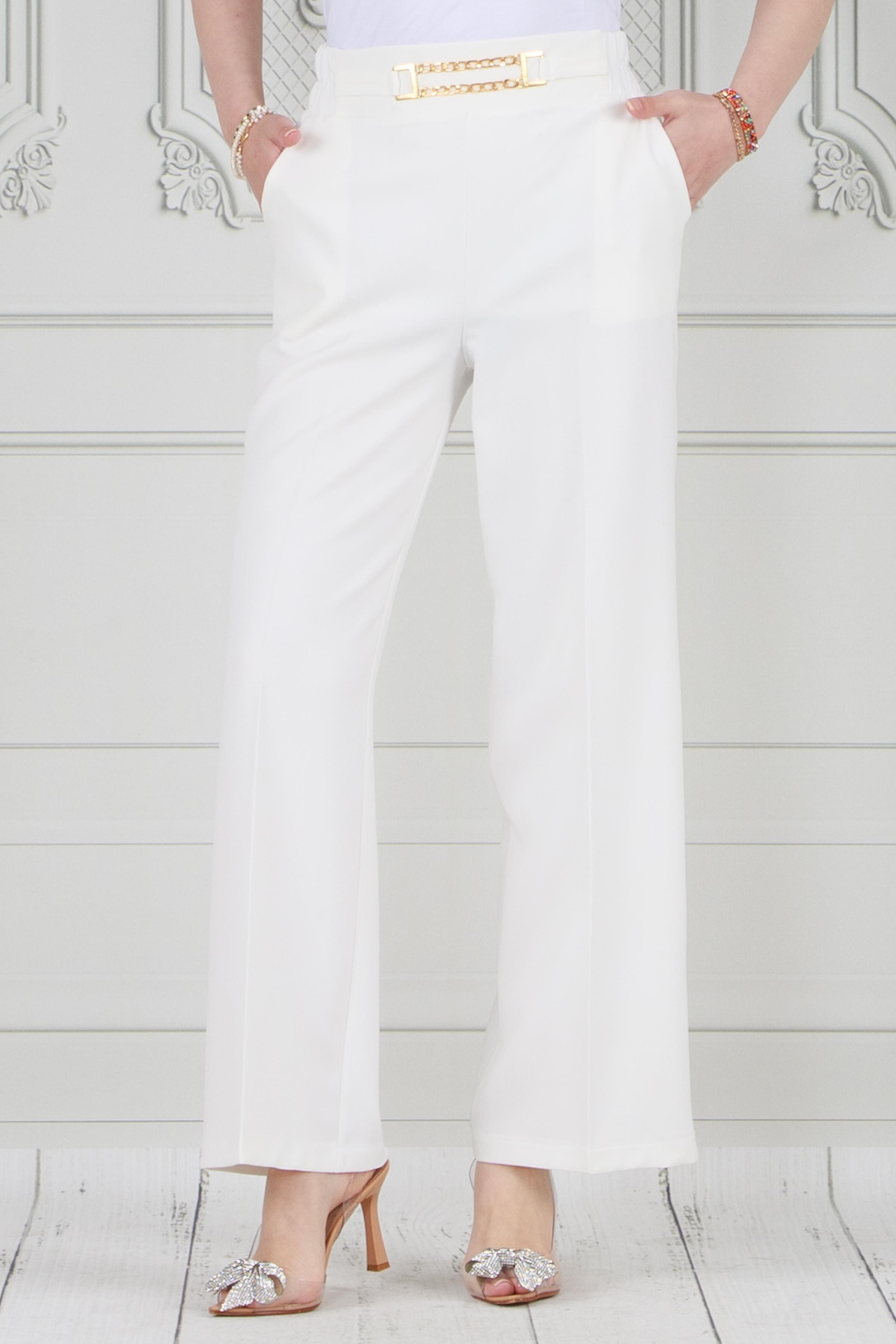 Wide Leg Trousers with Chain Detail at Waist-White