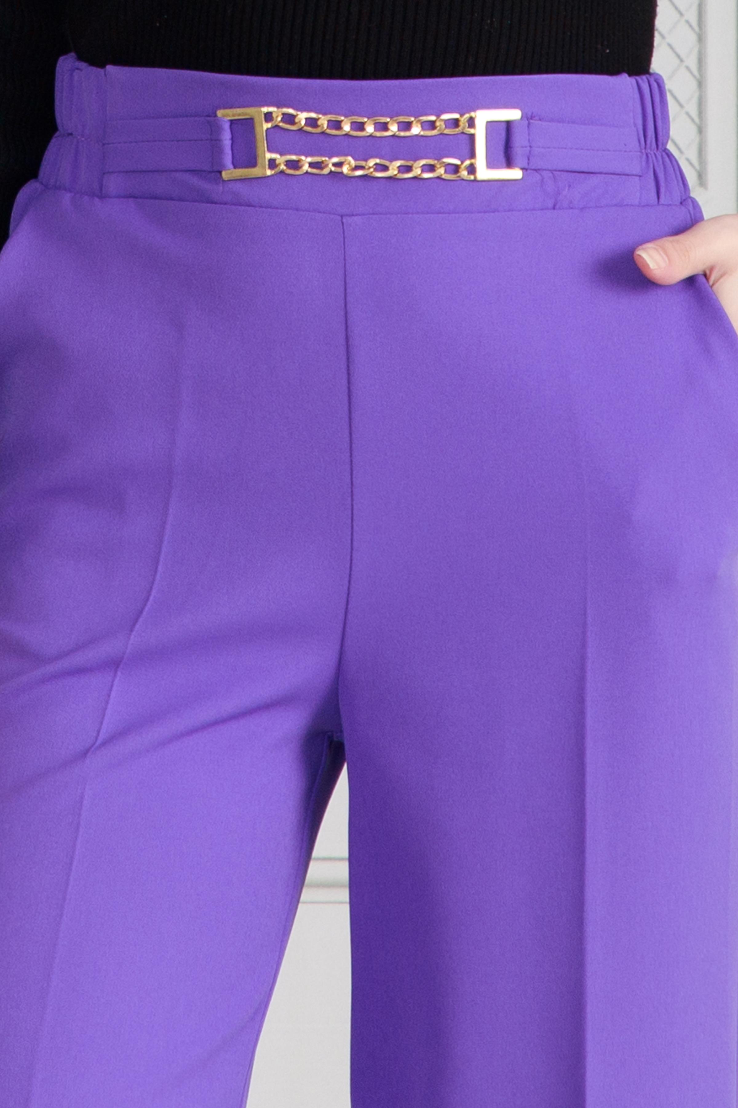 Beli Zincir Detaylı Bol Paça Pantolon-Mor