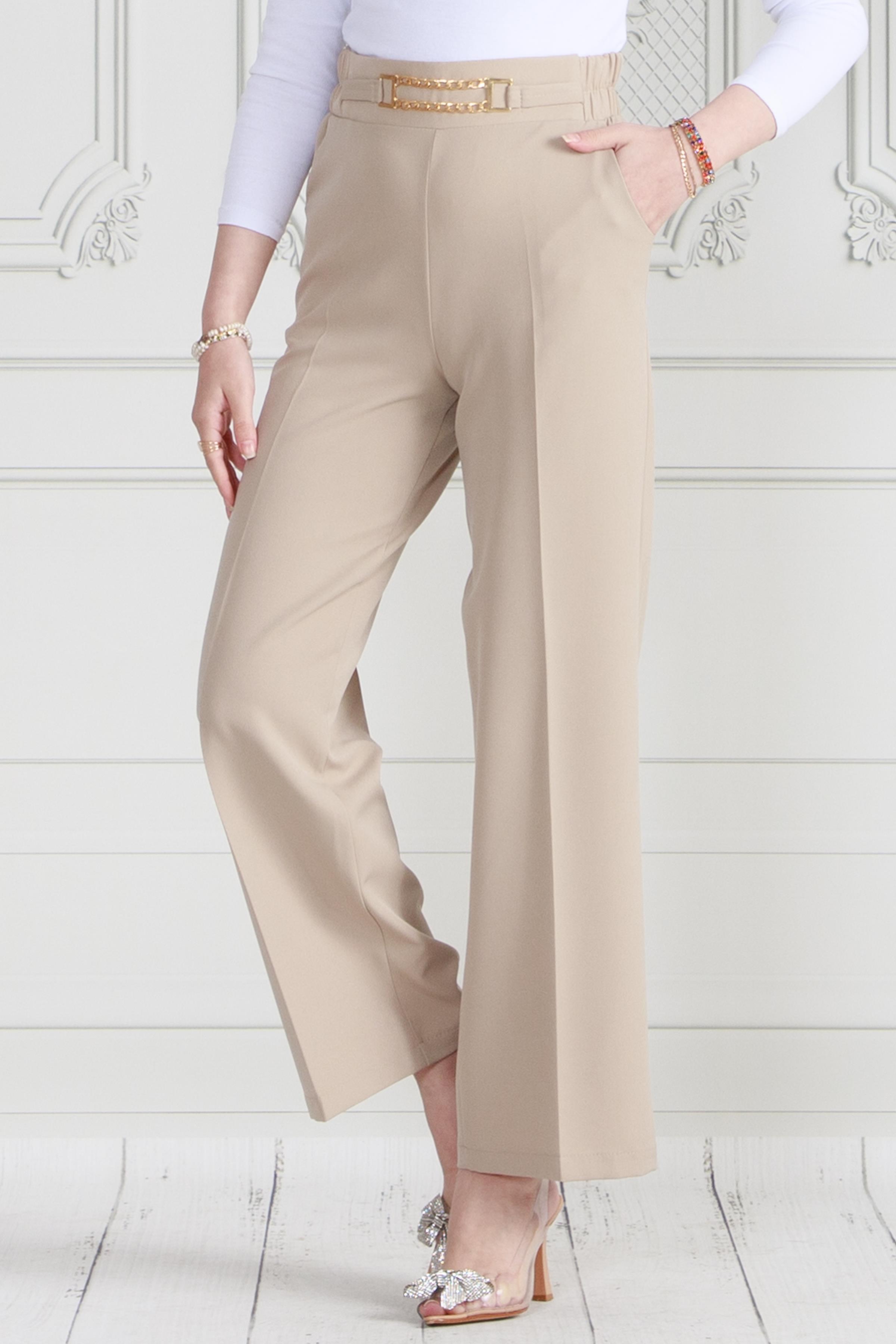 Wide Leg Trousers with Chain Detail at Waist-beige color 