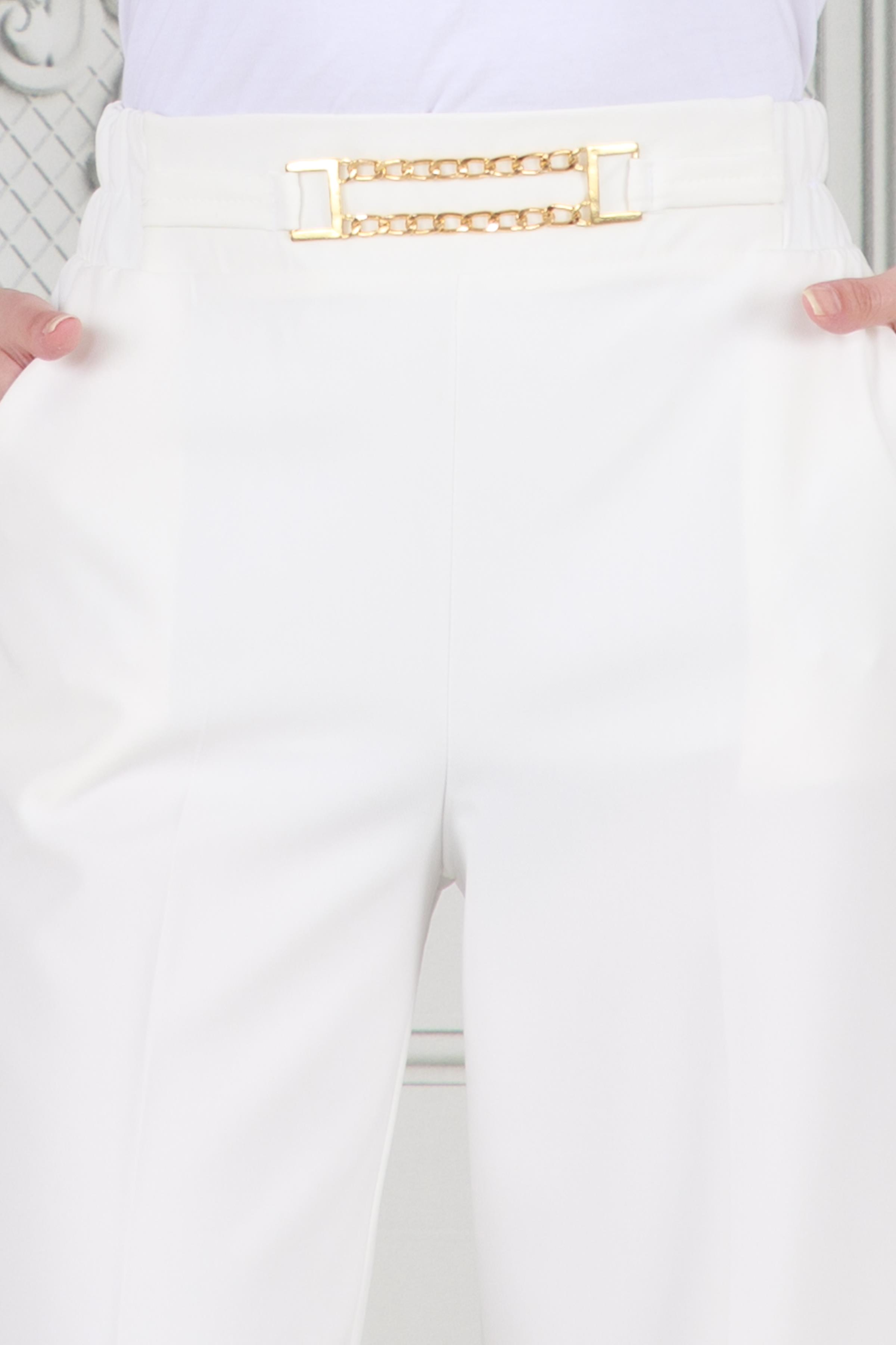 Wide Leg Trousers with Chain Detail at Waist-White