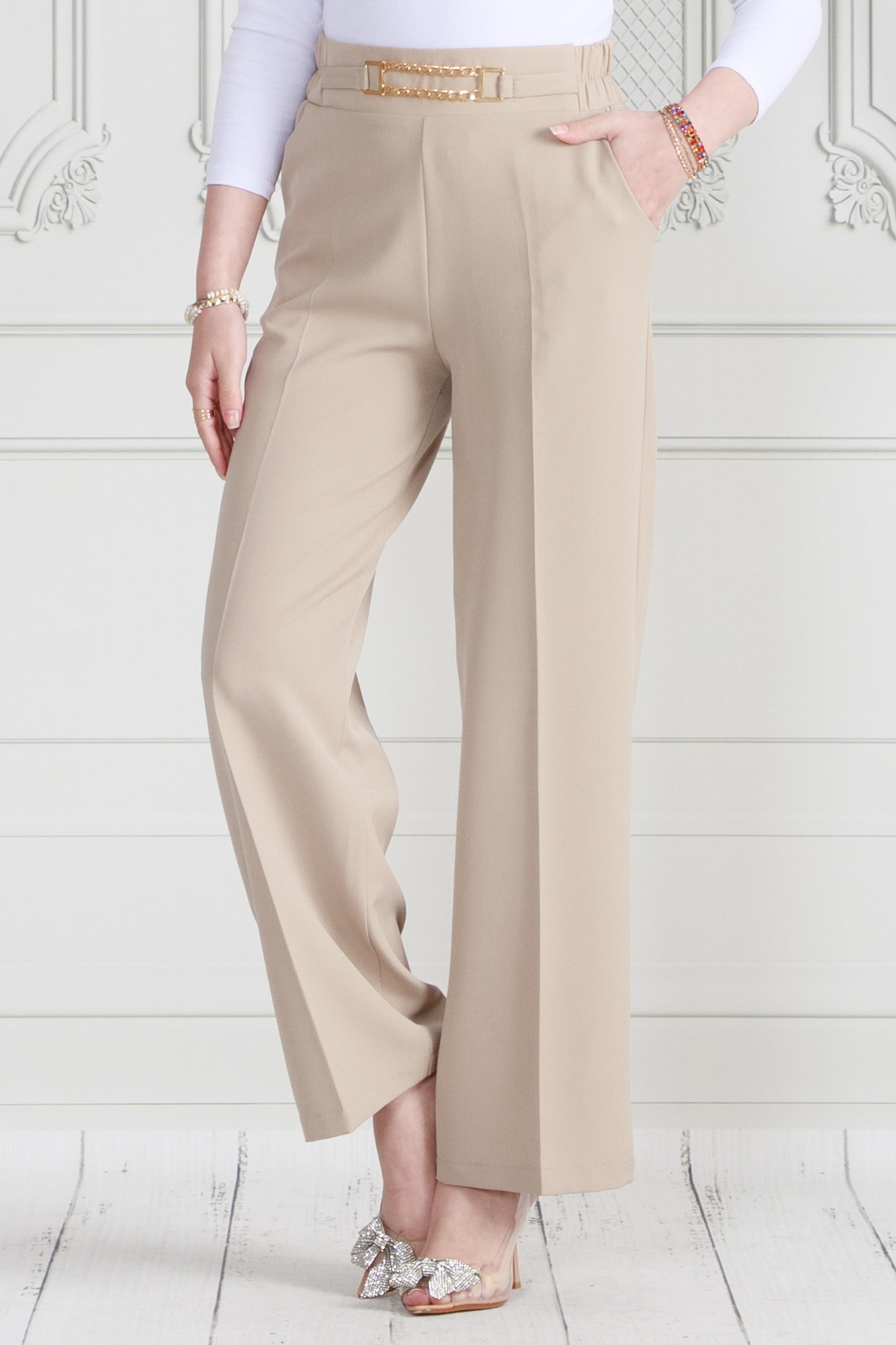 Wide Leg Trousers with Chain Detail at Waist-beige color 