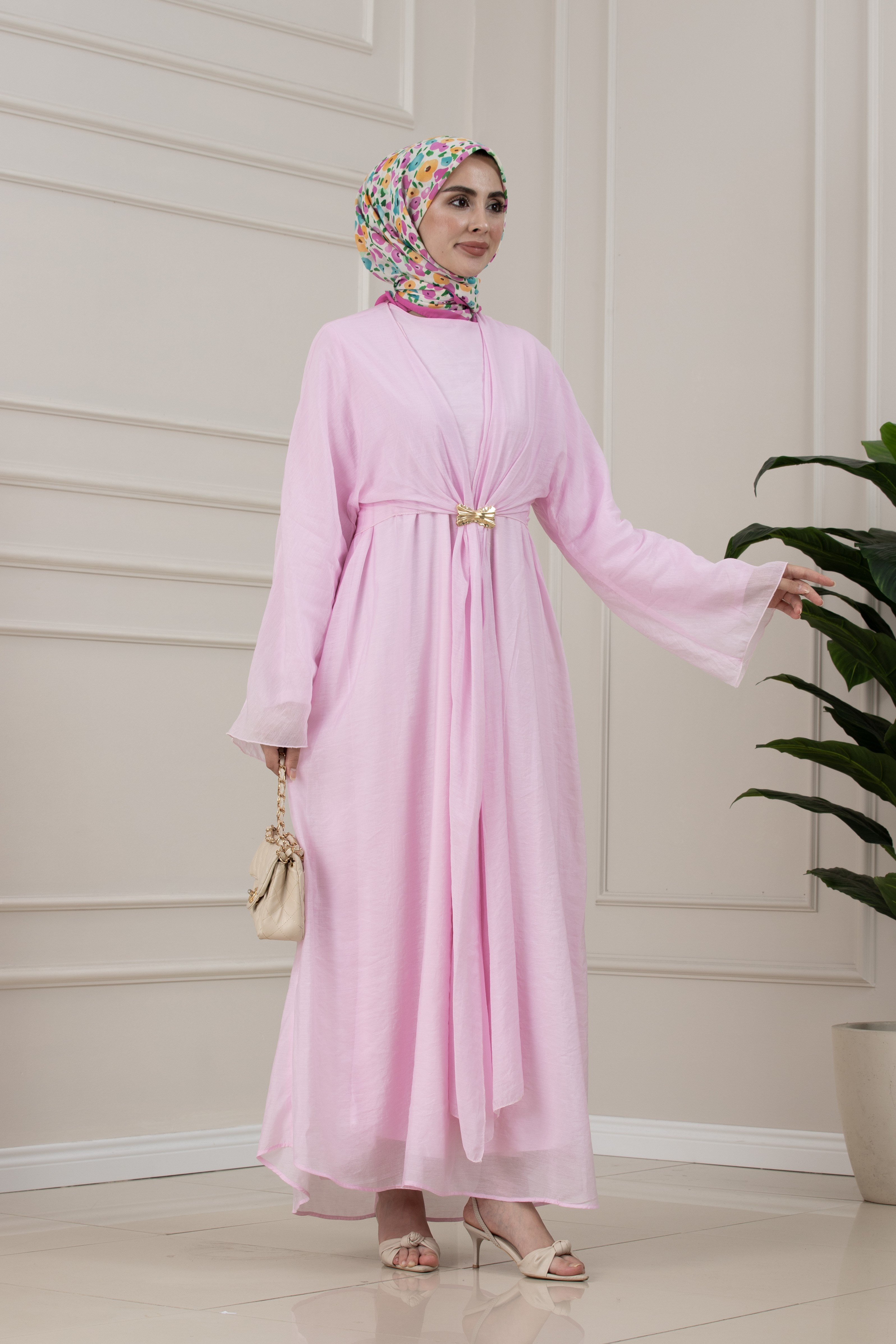 Bolerolu Toka Detaylı Defne Elbise-PEMBE
