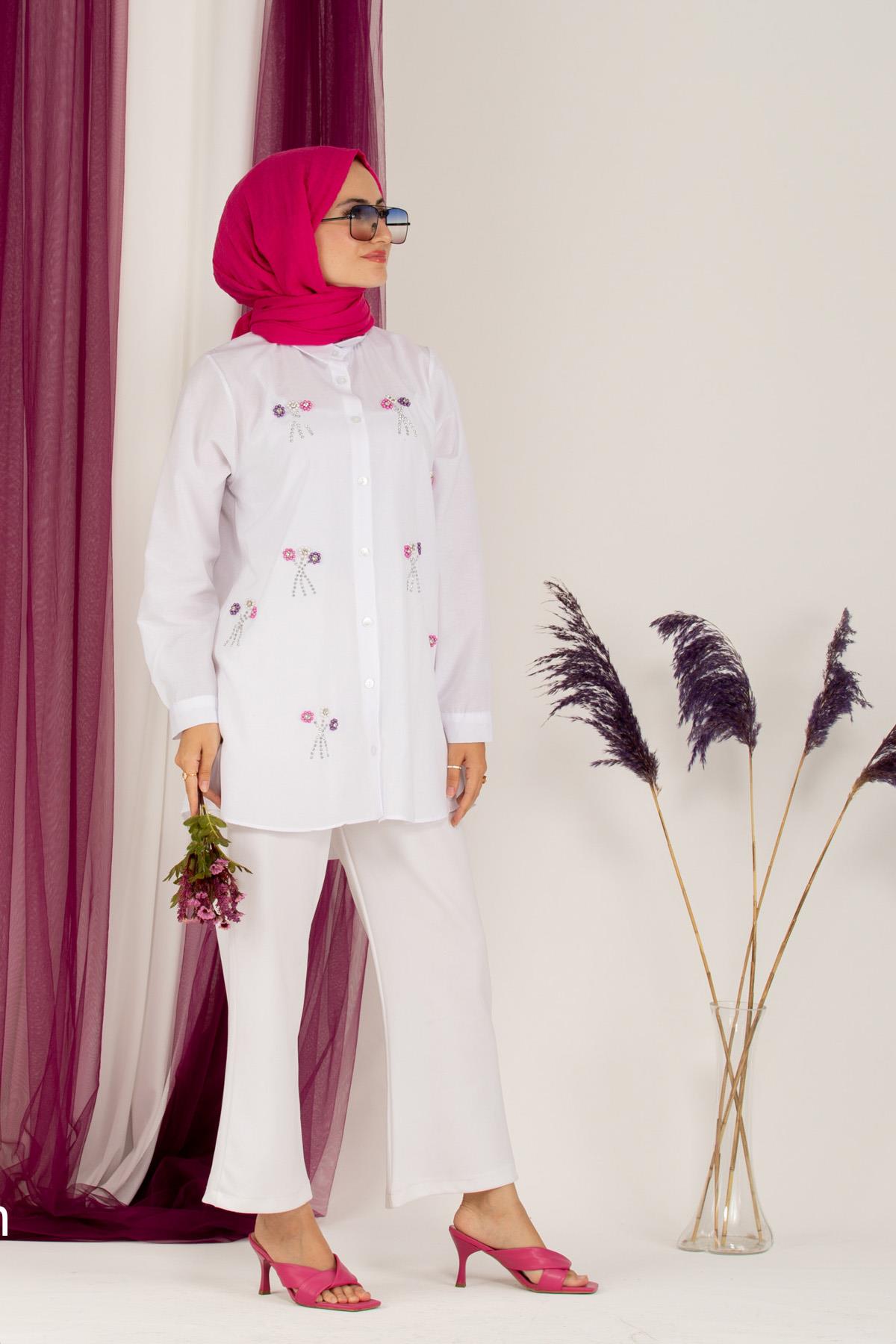 Bead Embroidered Tunic-White