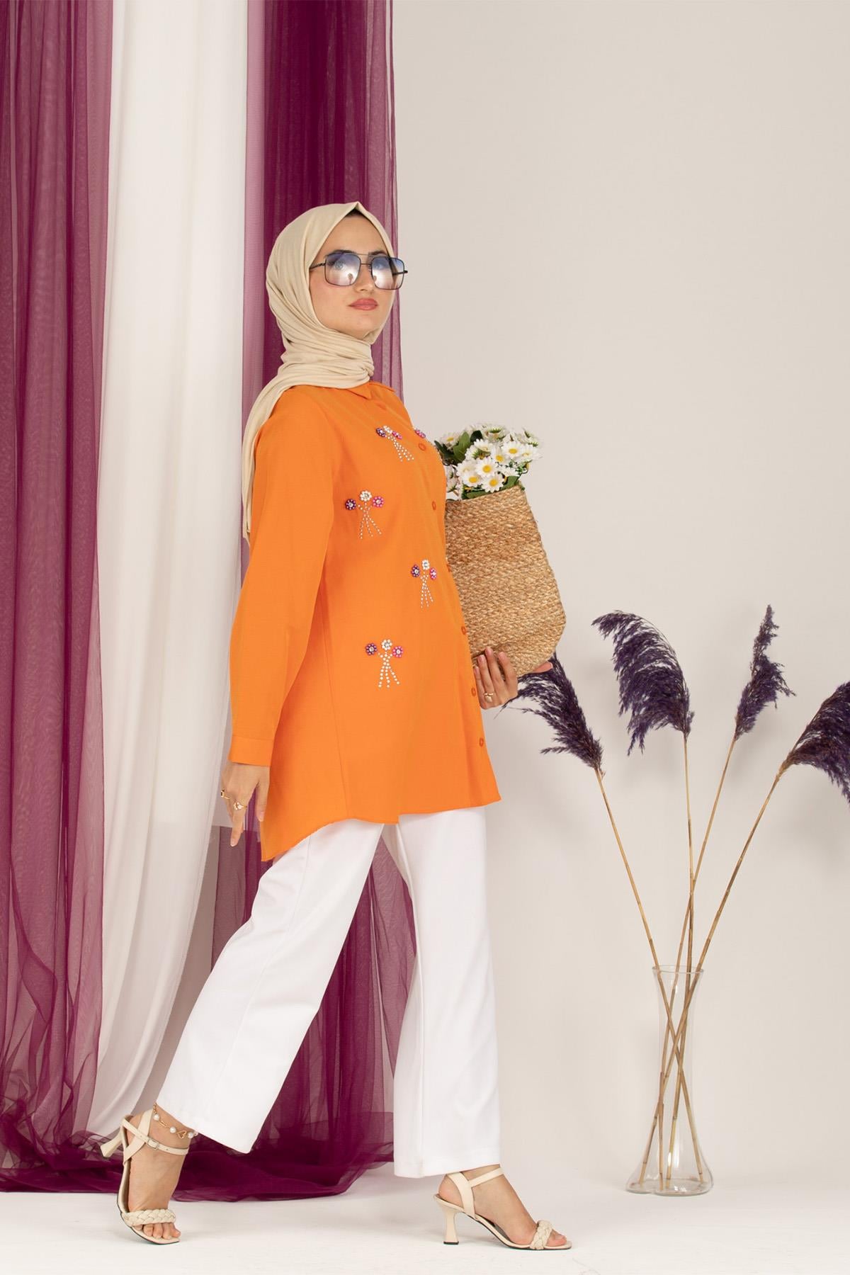 Bead Embroidered Tunic-Orange
