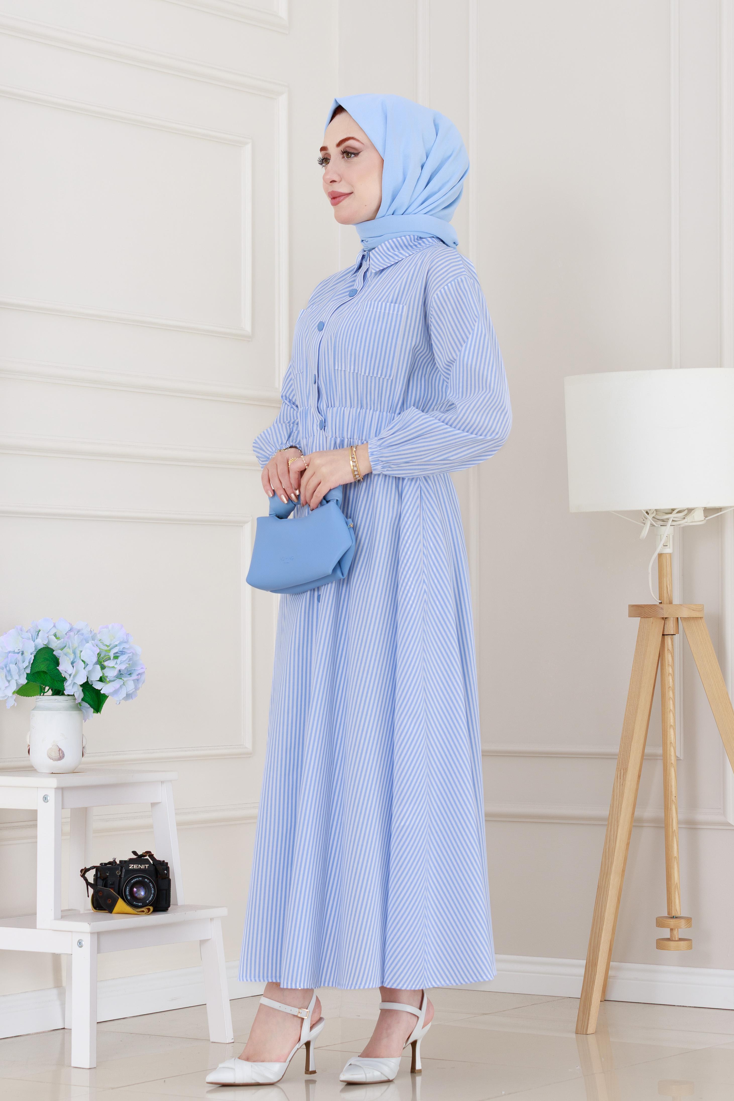 Boydan Düğmeli Çizgili Elbise-Bebe mavi