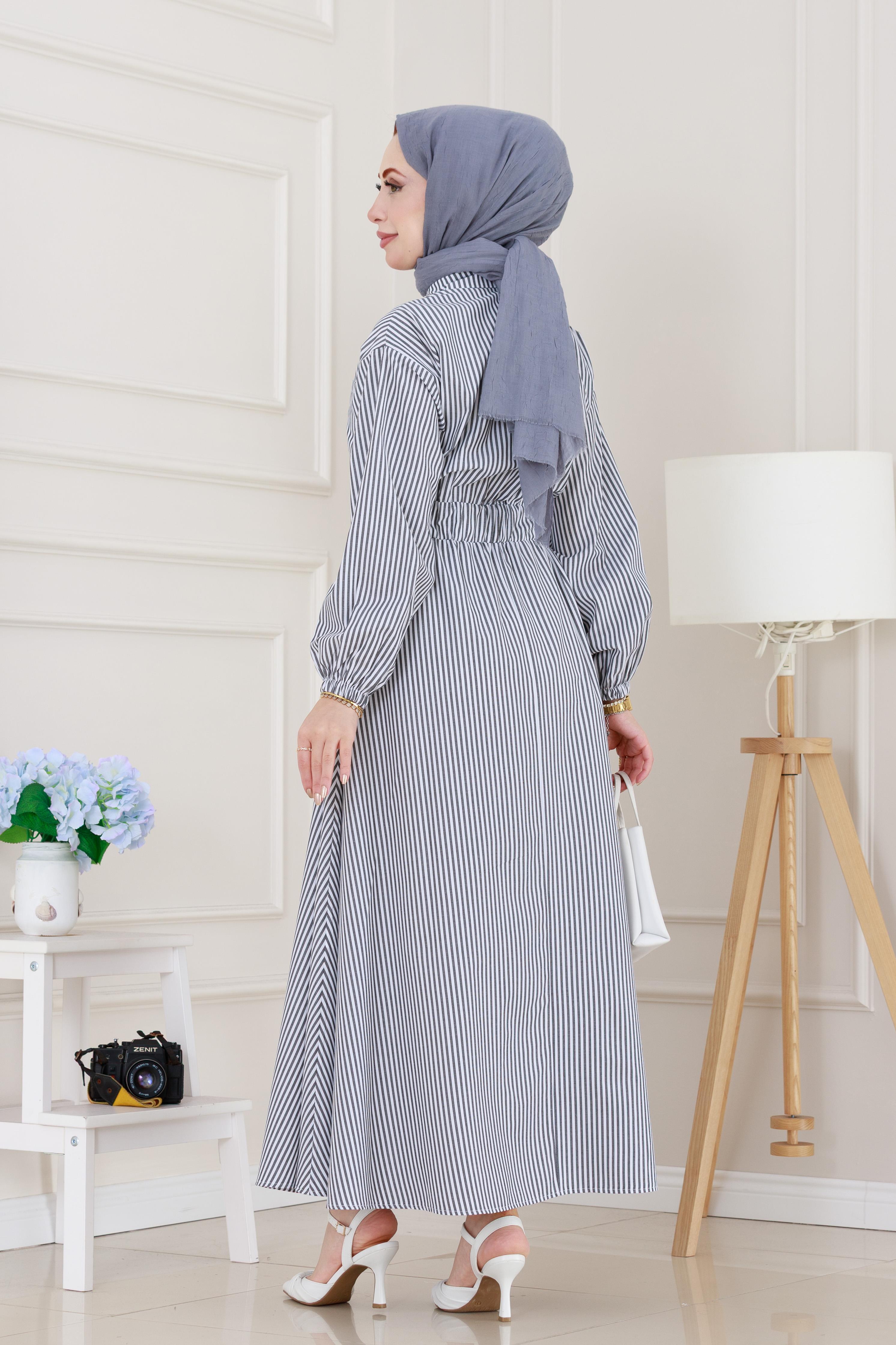 Boydan Düğmeli Çizgili Elbise-Gri