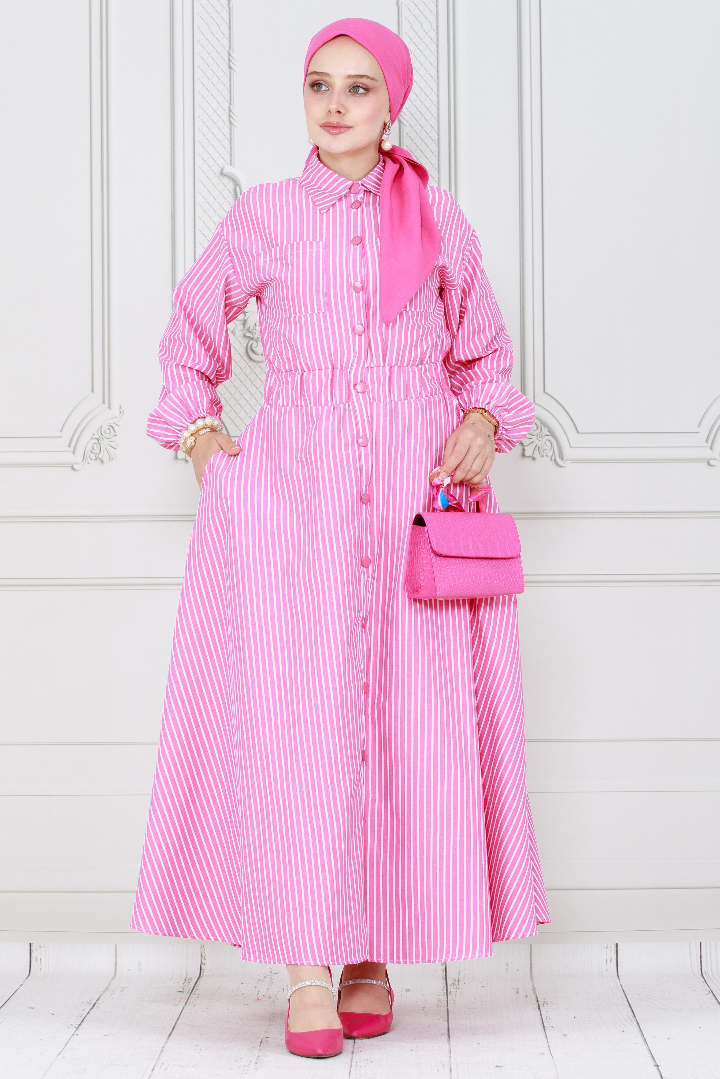 Boydan Düğmeli Çizgili Elbise-Pembe