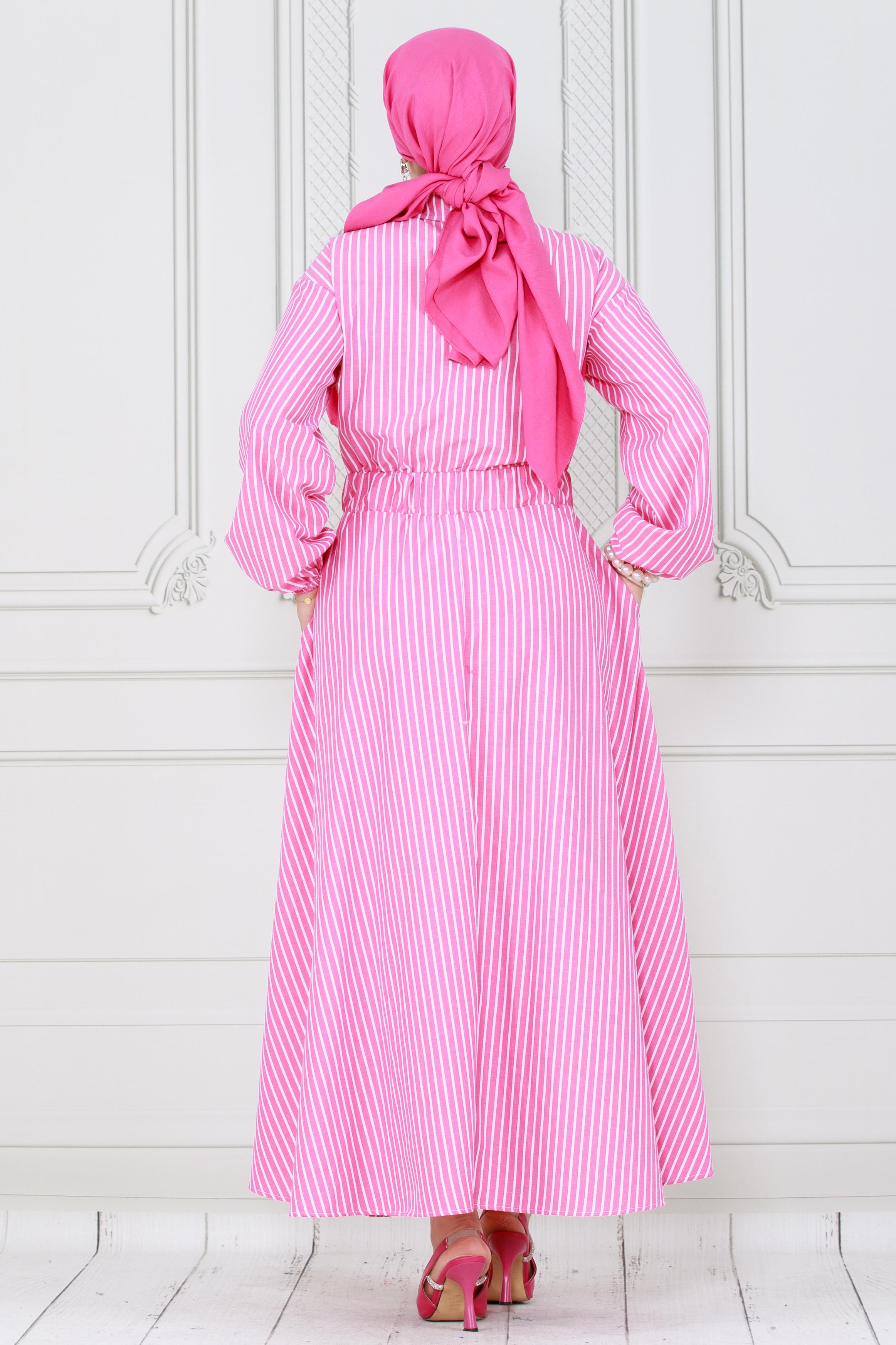 Boydan Düğmeli Çizgili Elbise-Pembe