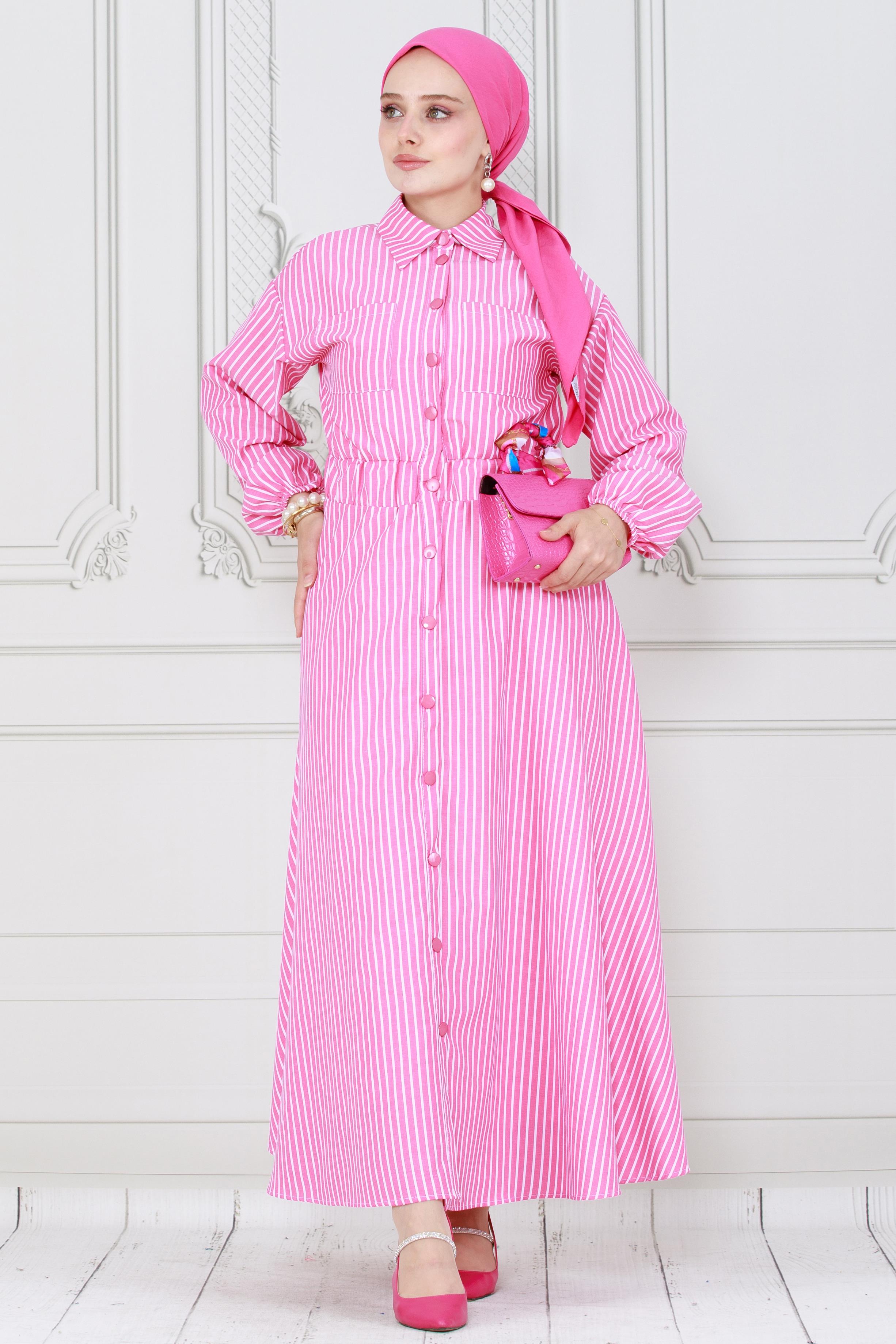 Boydan Düğmeli Çizgili Elbise-Pembe