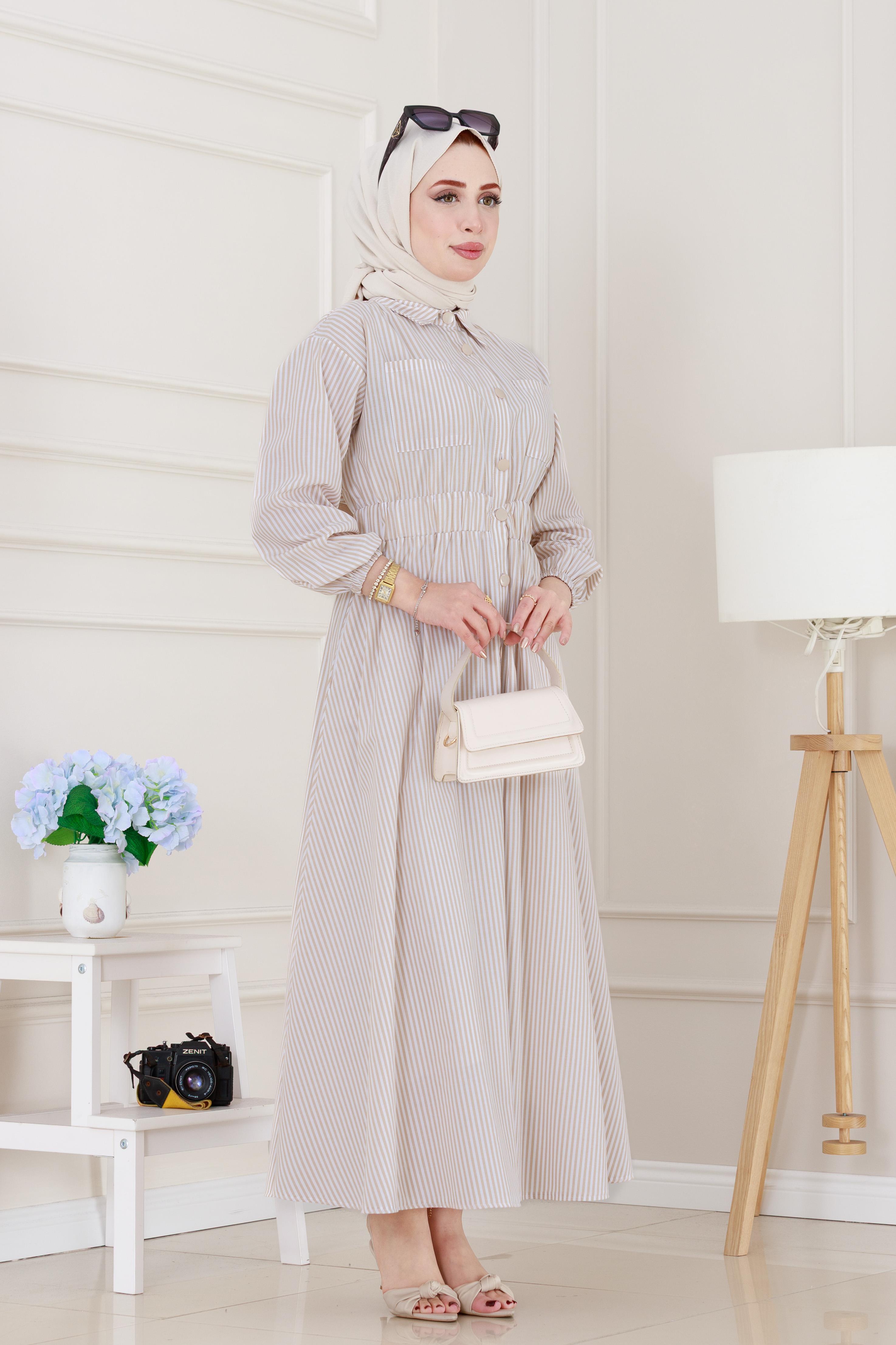 Boydan Düğmeli Çizgili Elbise-Taş