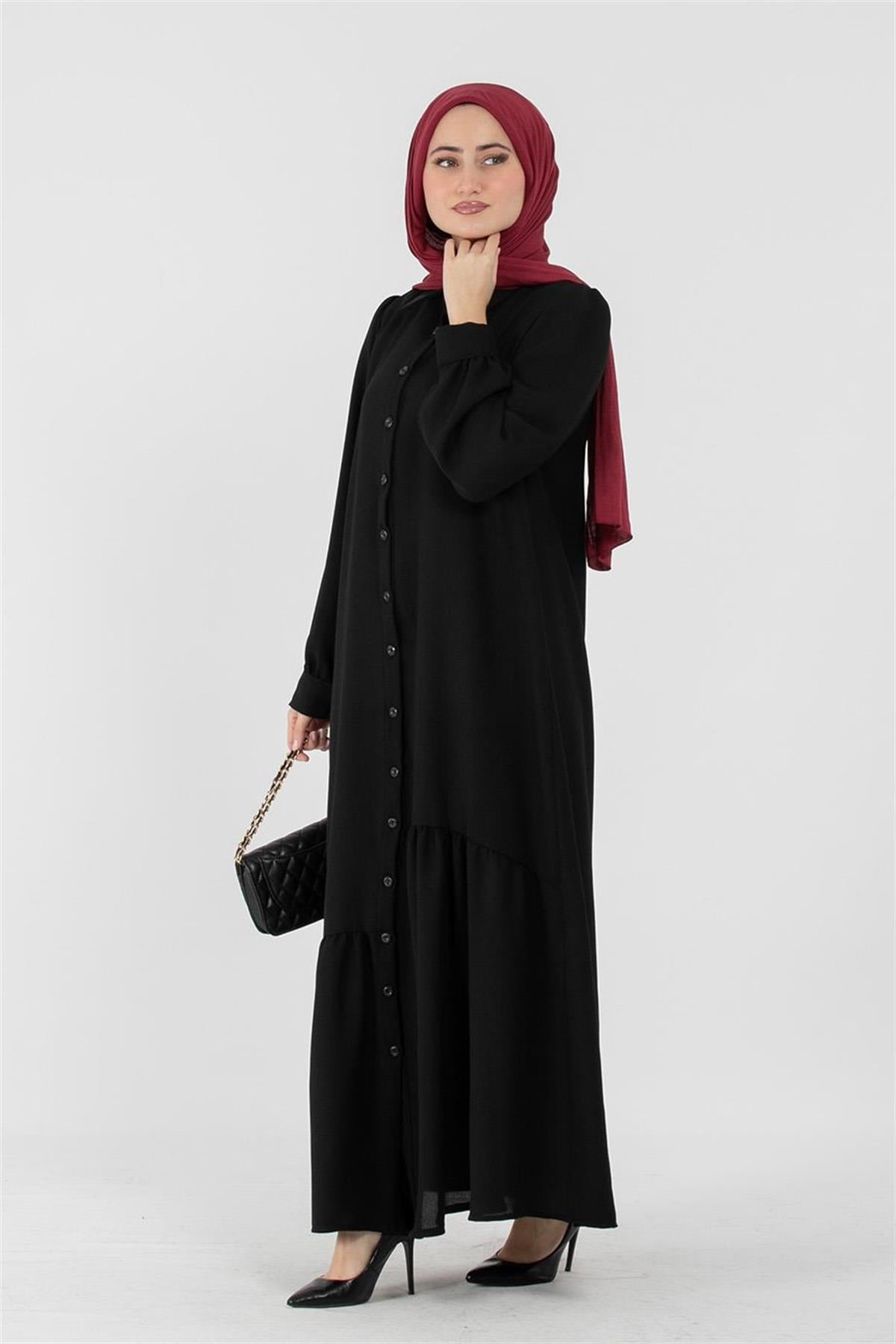 Crepe Fabric Full Buttoned Dress - Black