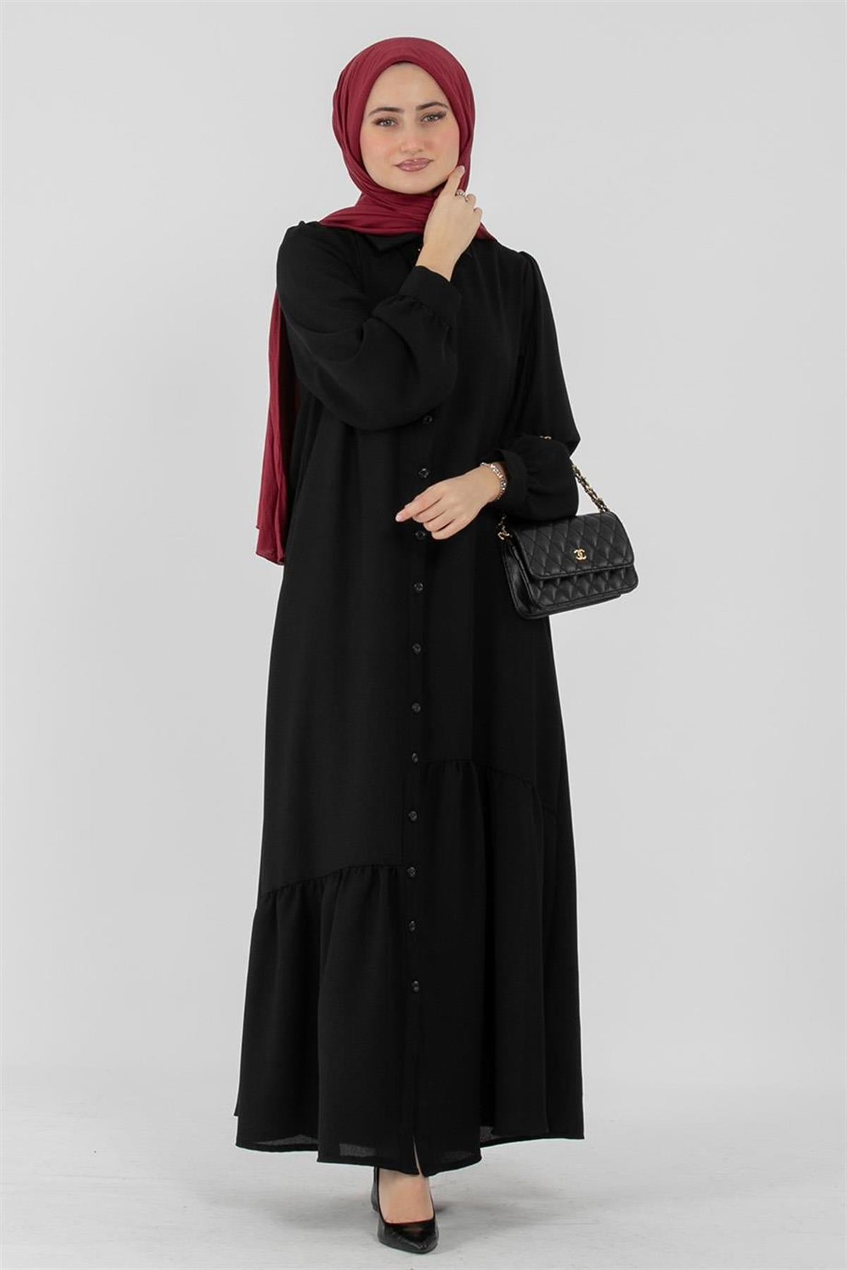 Crepe Fabric Full Buttoned Dress - Black