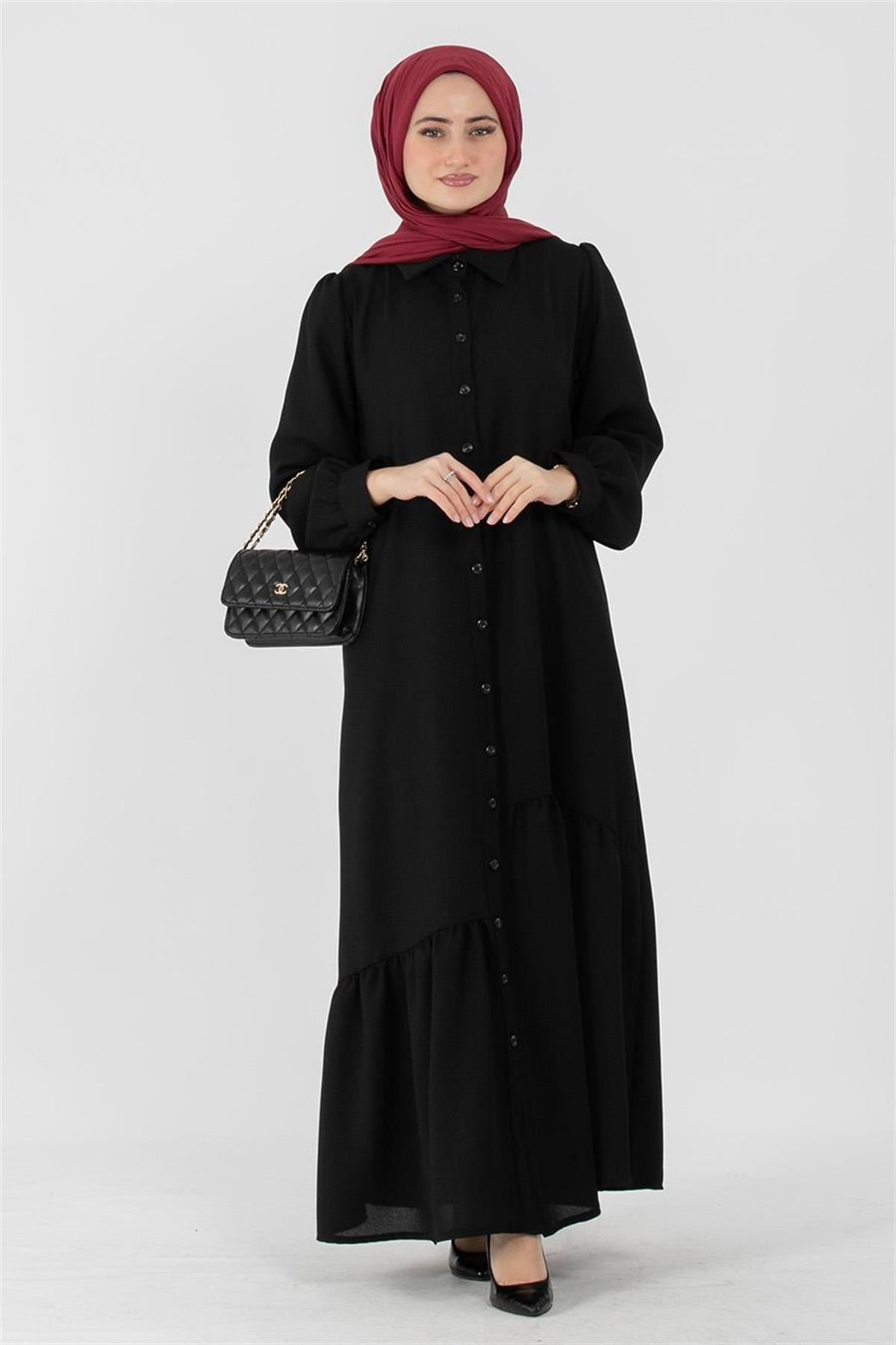 Crepe Fabric Full Buttoned Dress - Black