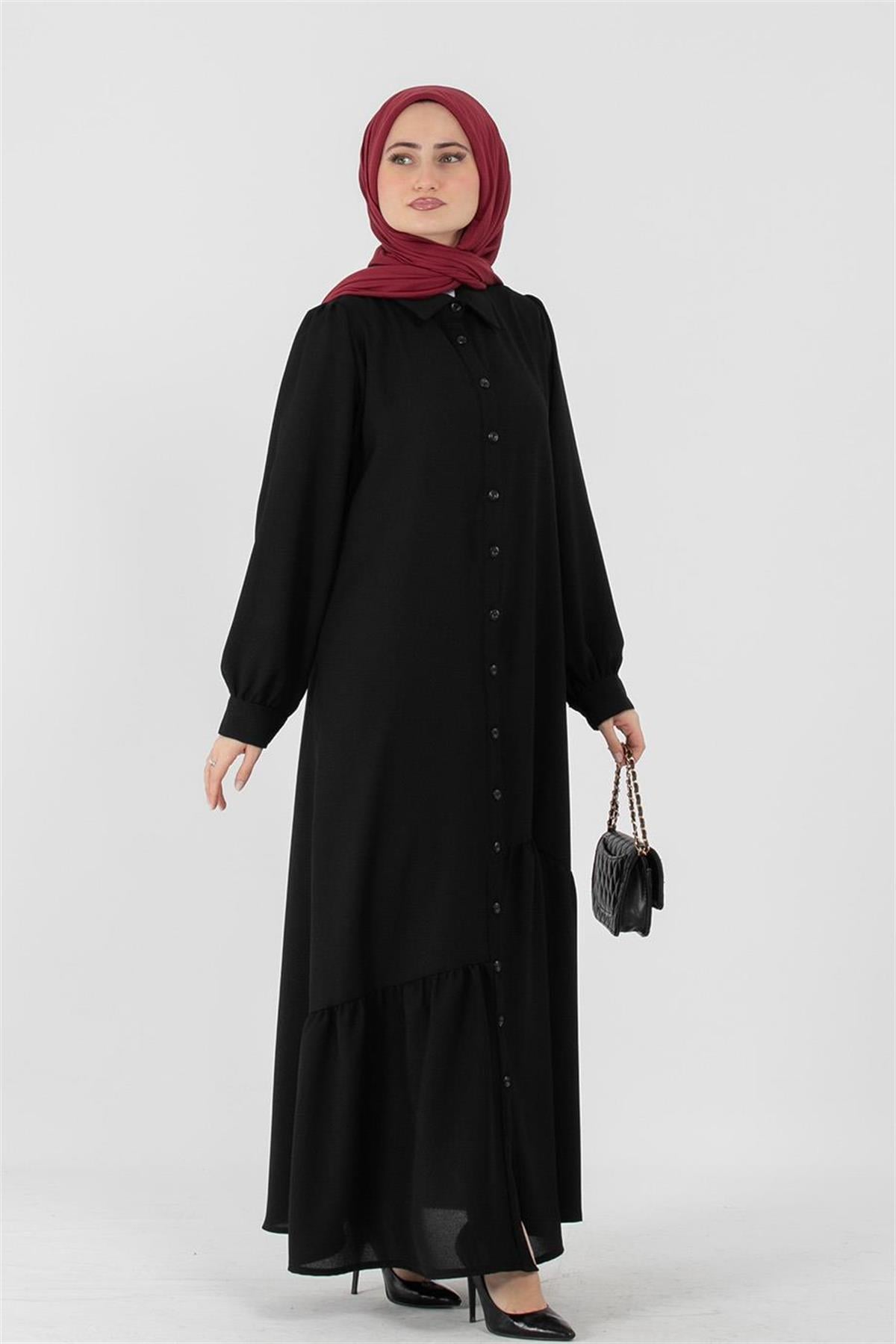 Crepe Fabric Full Buttoned Dress - Black
