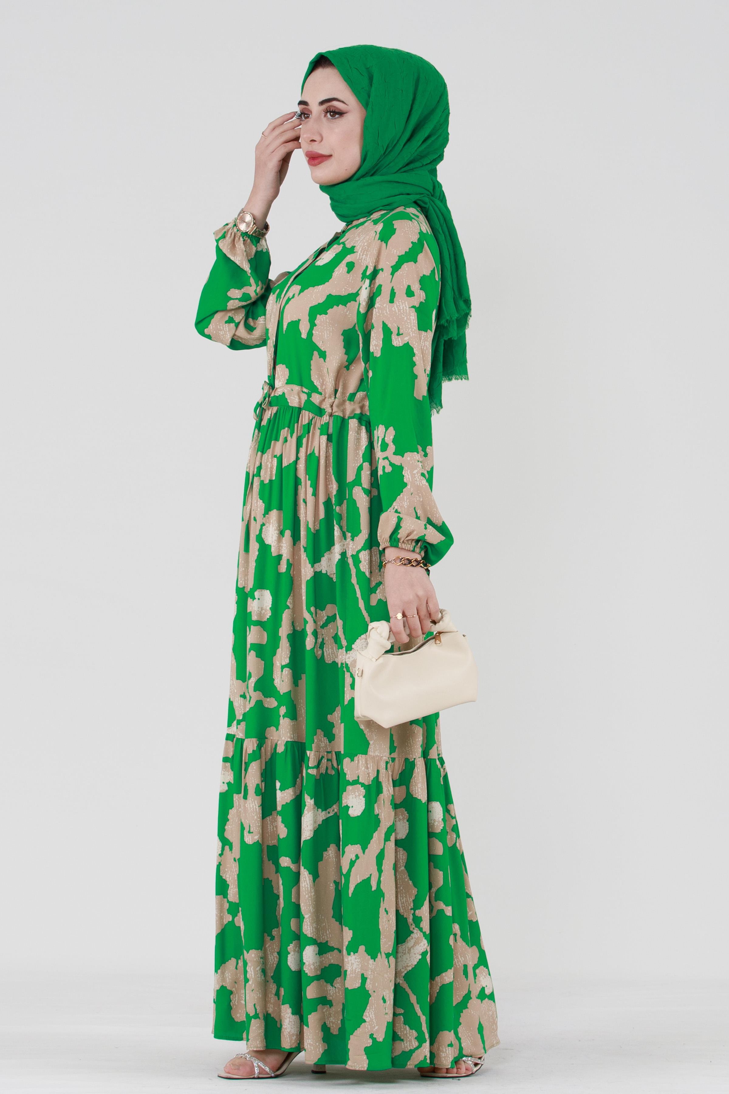 Cloud Patterned Belted Tulle Viscose Dress-Green