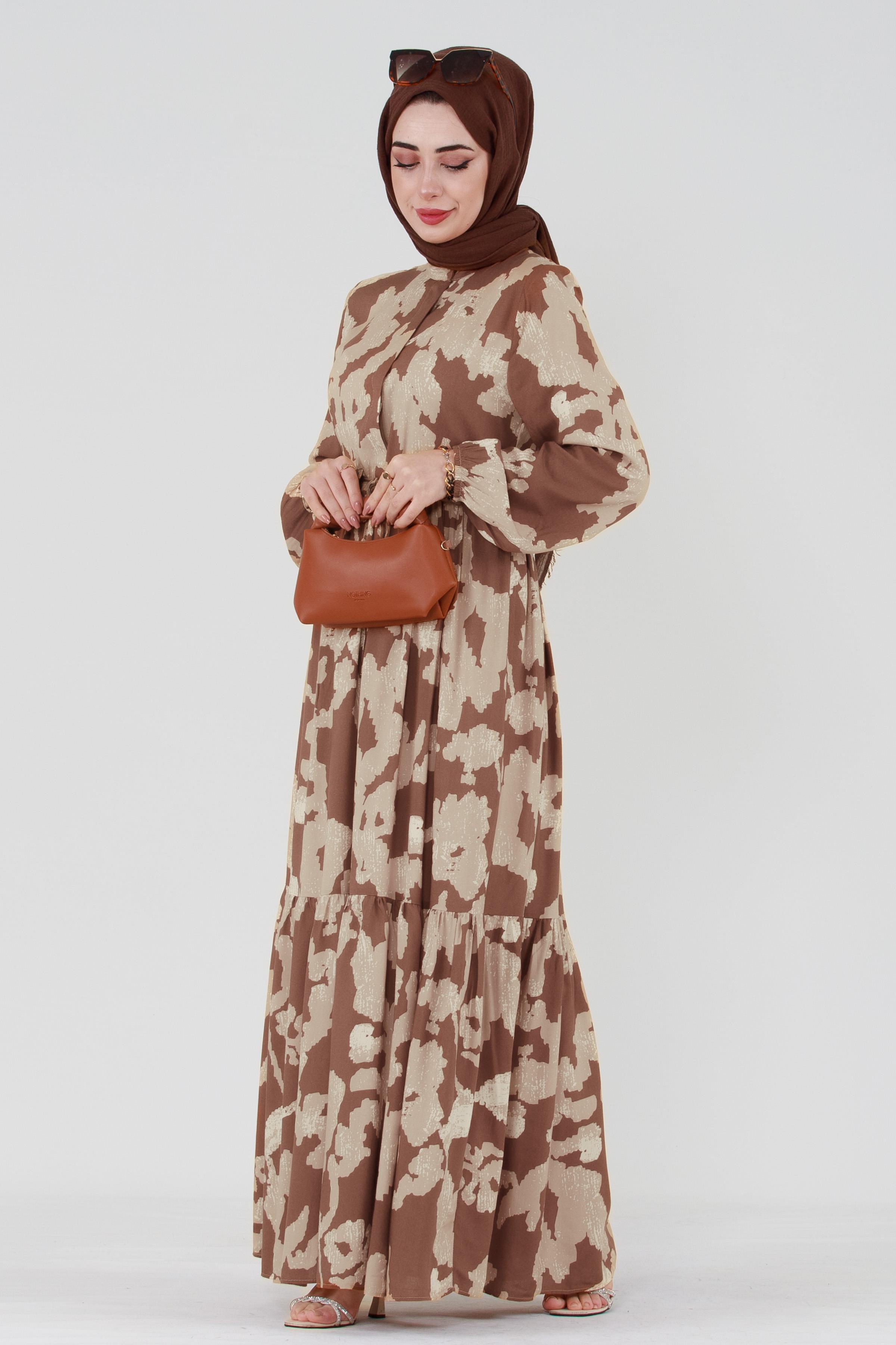 Cloud Patterned Belted Tulle Viscose Dress-Brown