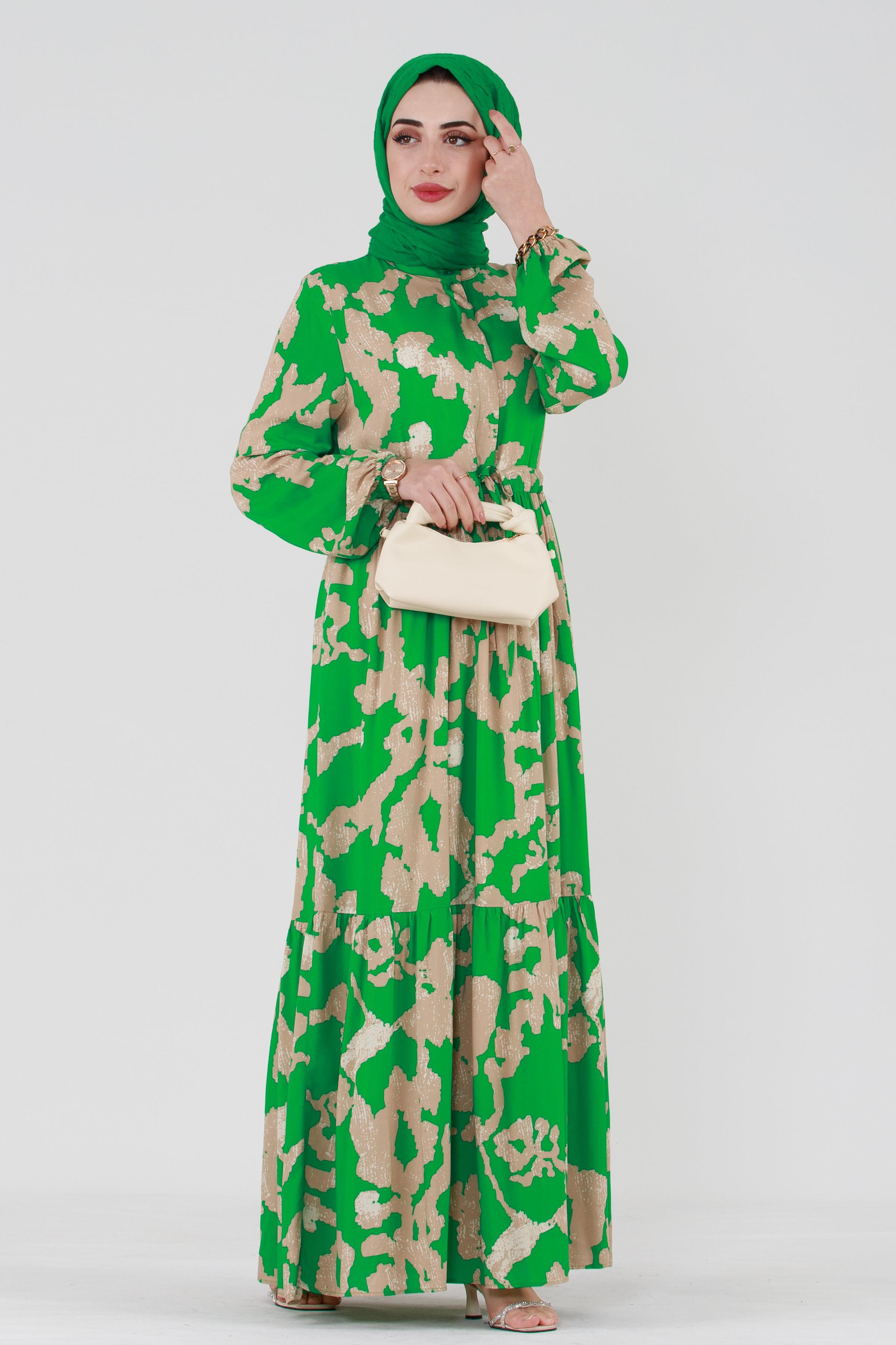 Cloud Patterned Belted Tulle Viscose Dress-Green