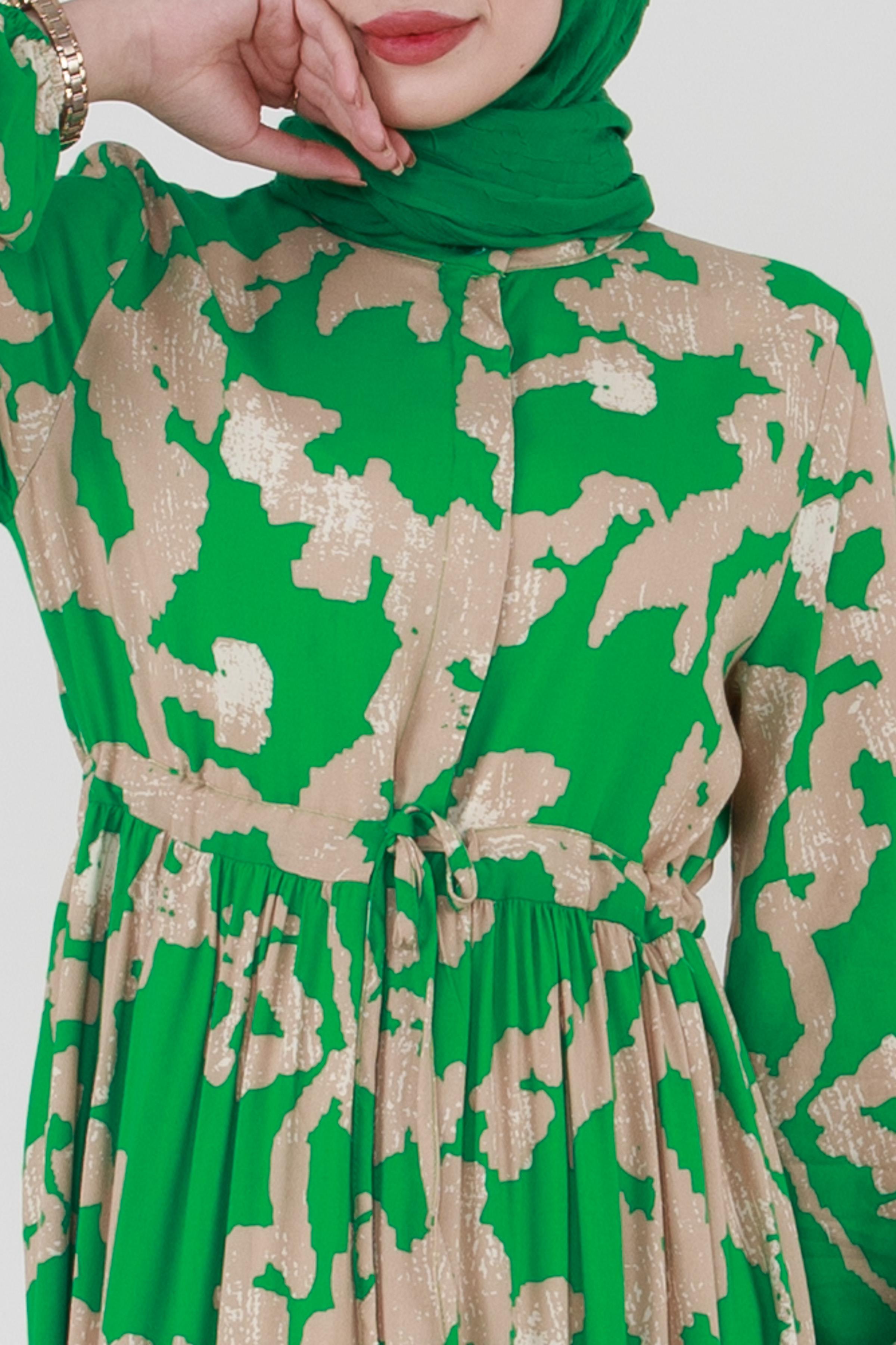 Cloud Patterned Belted Tulle Viscose Dress-Green