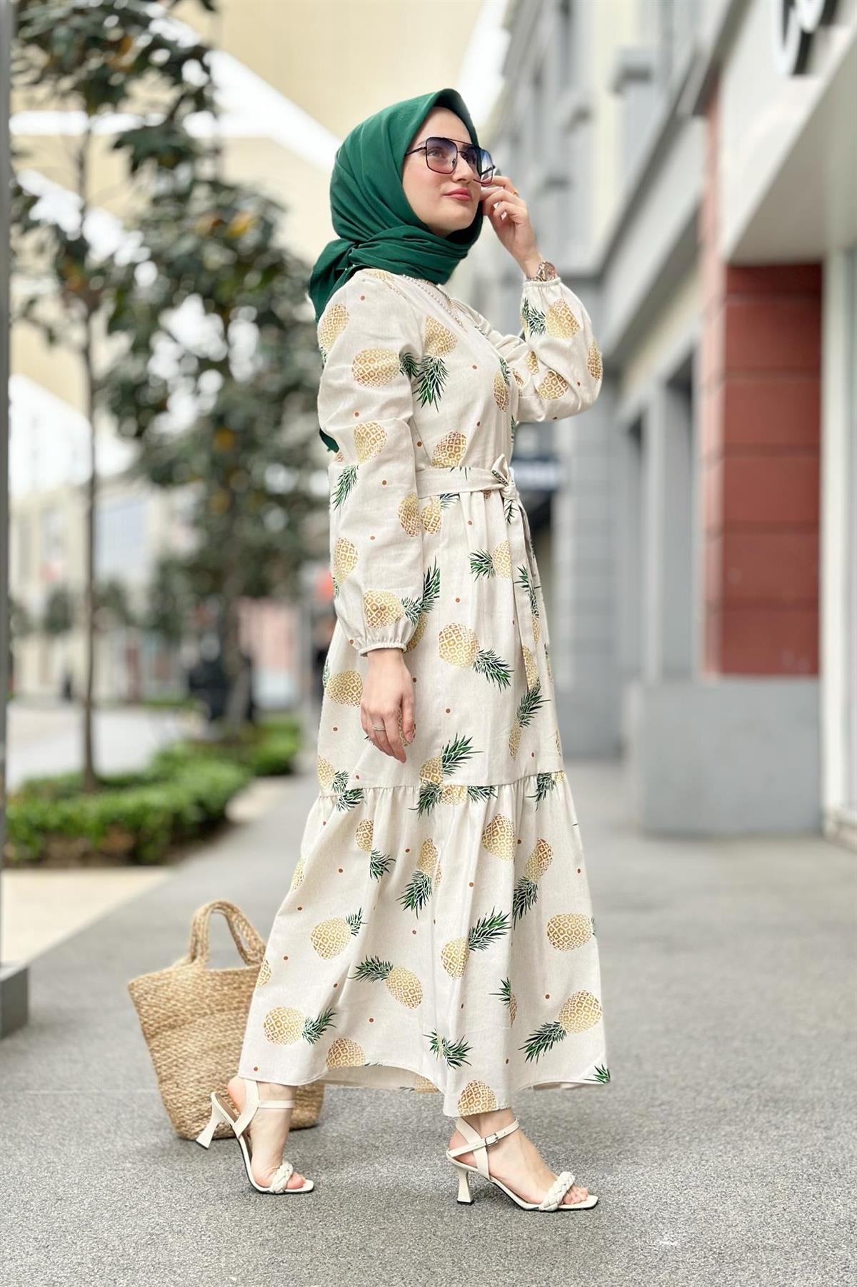 Big Linen Pineapple-Patterned Dress-Green Yellow