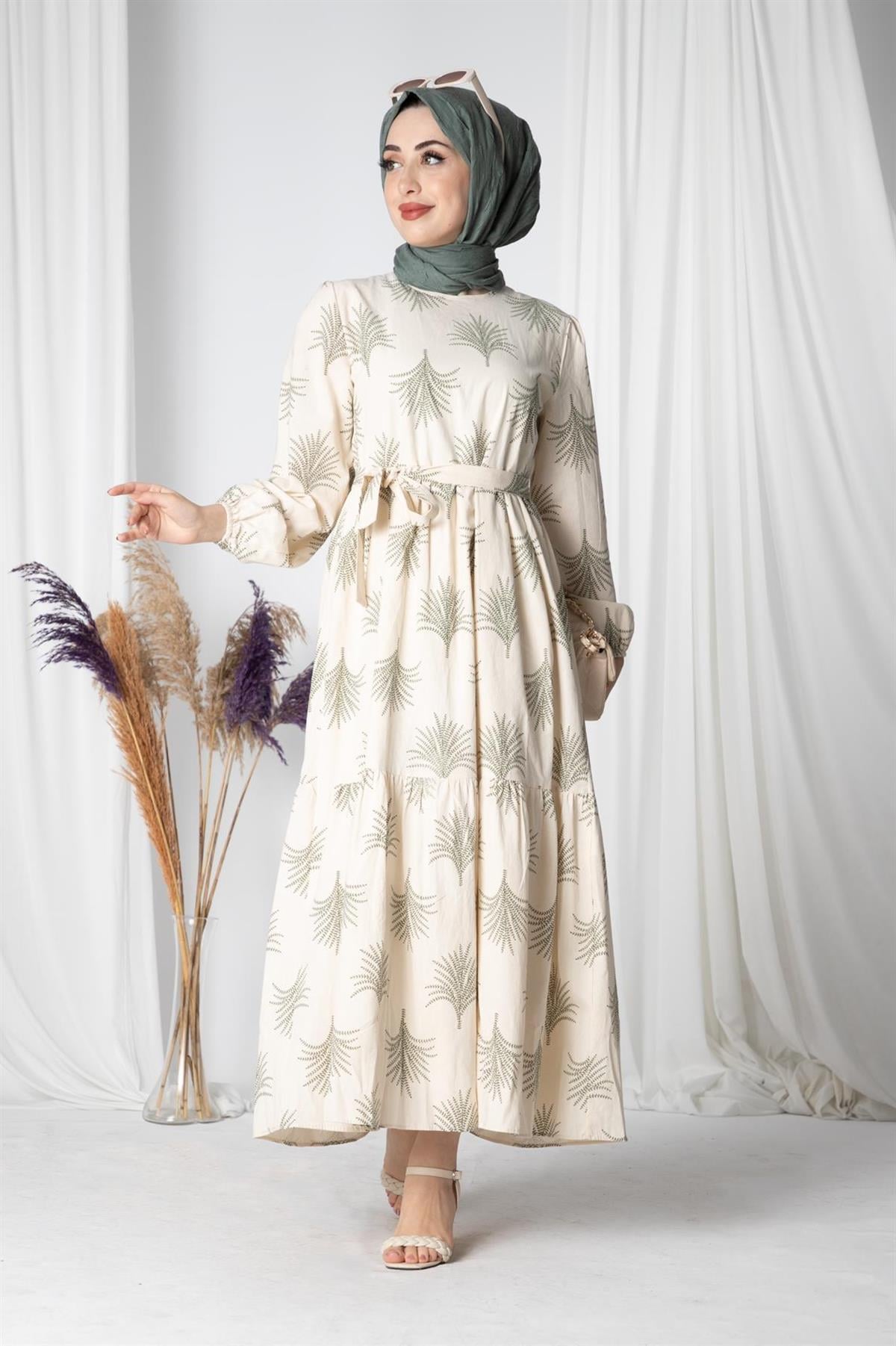 Pine-Patterned Linen Long Dress -Green