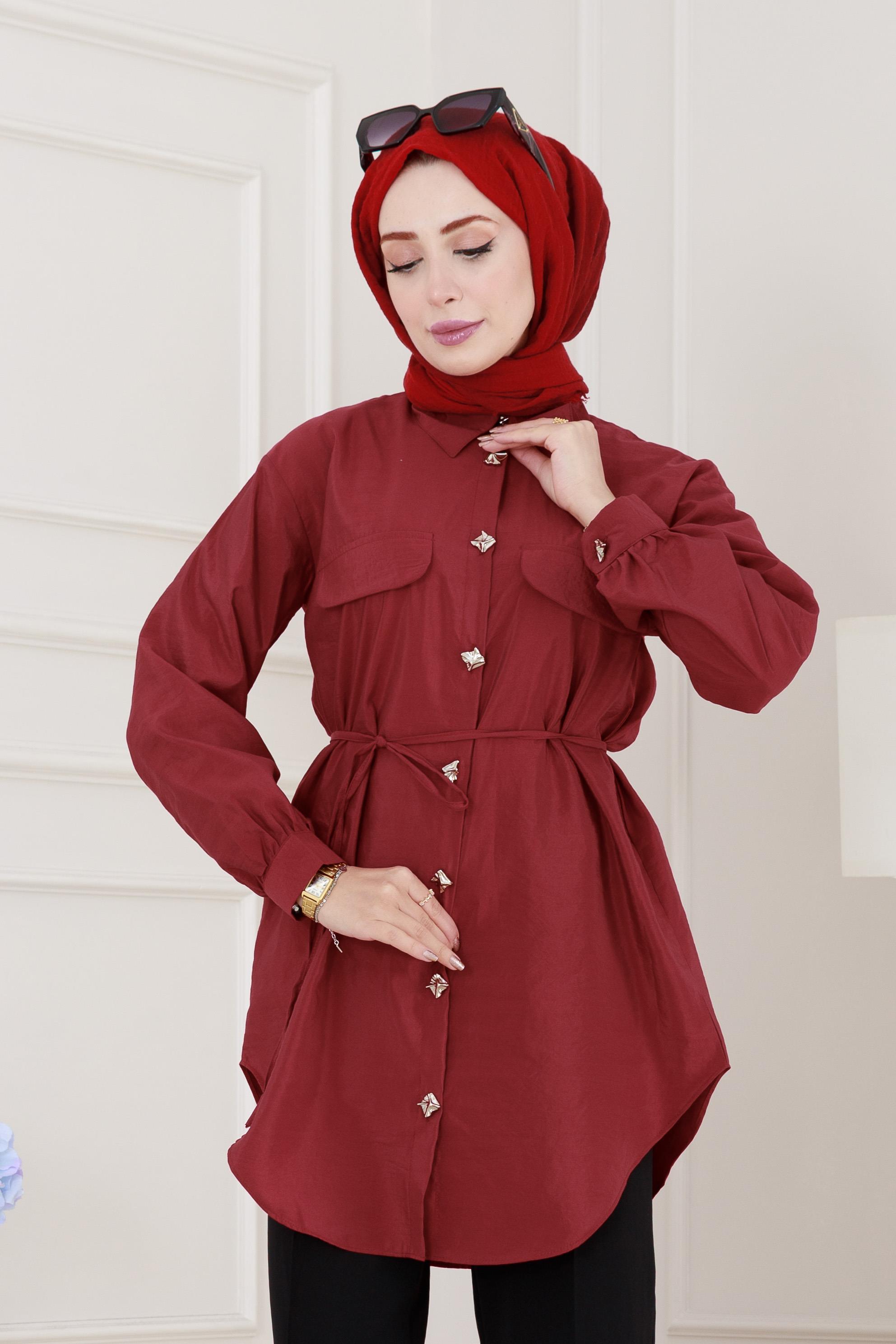 Cep Kapaklı Beli Bağcıklı Tunik-Bordo