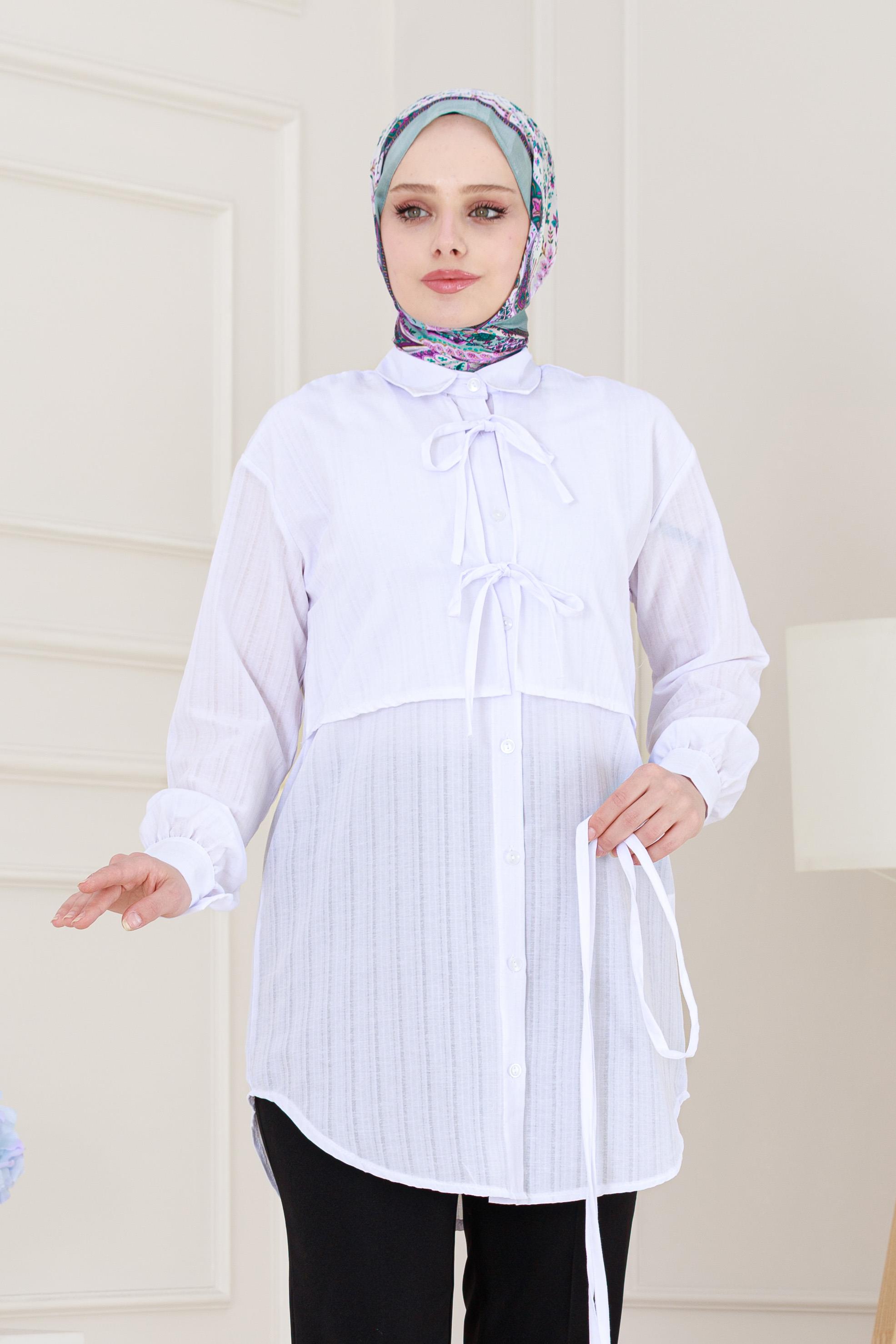 Cepken Detaylı Bağlamalı Keten Tunik-Beyaz