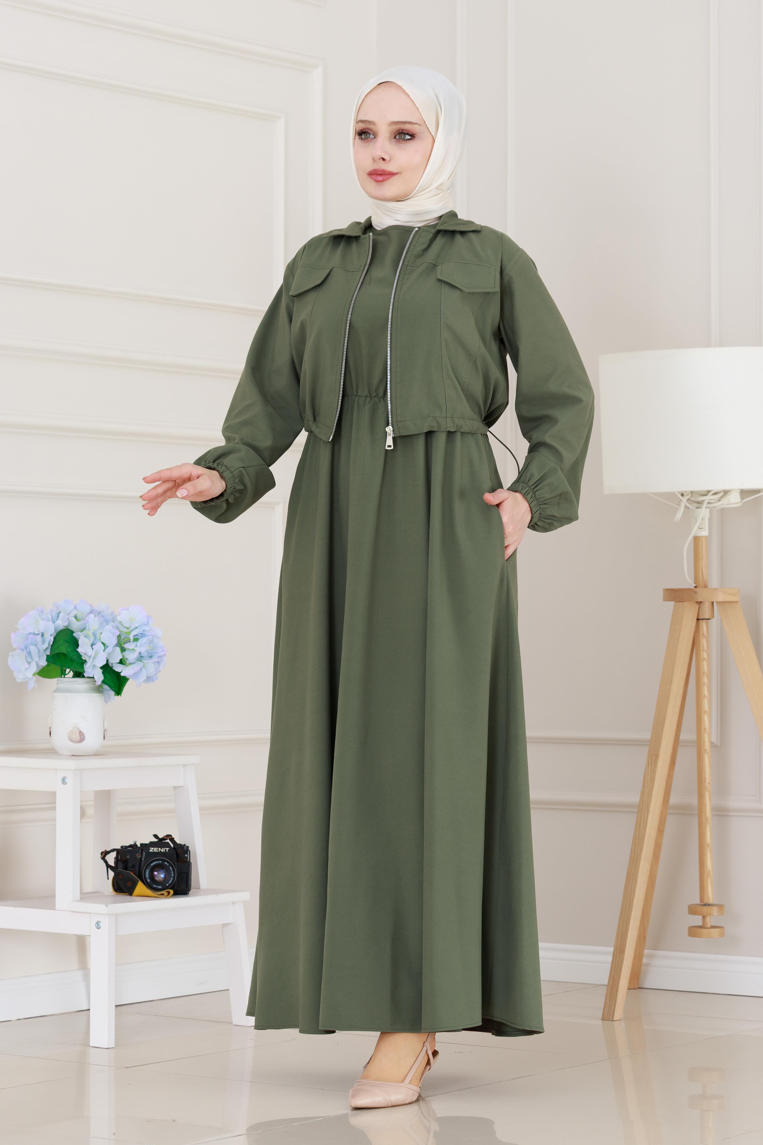 A modern dress with jacket -Khaki color