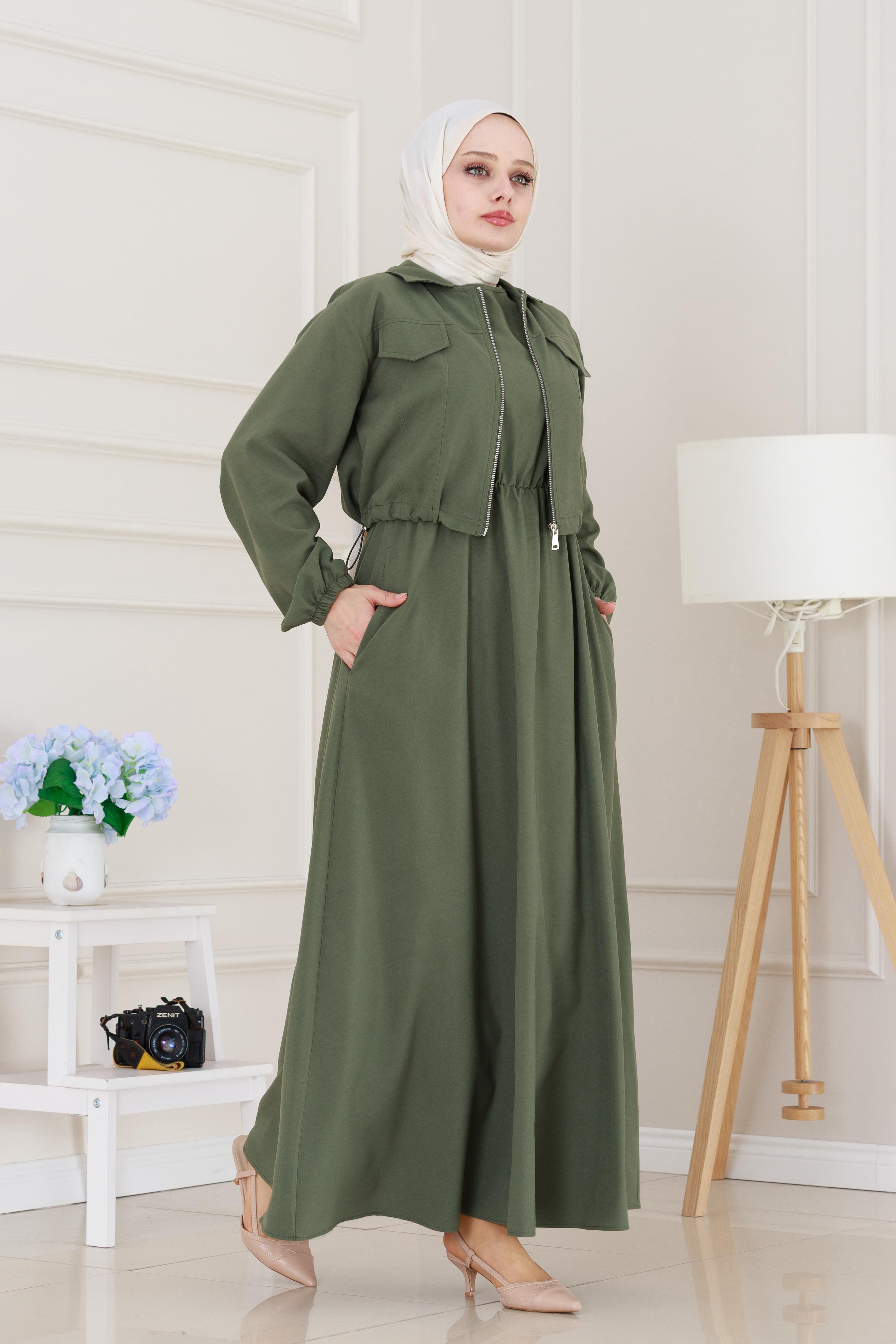 A modern dress with jacket -Khaki color