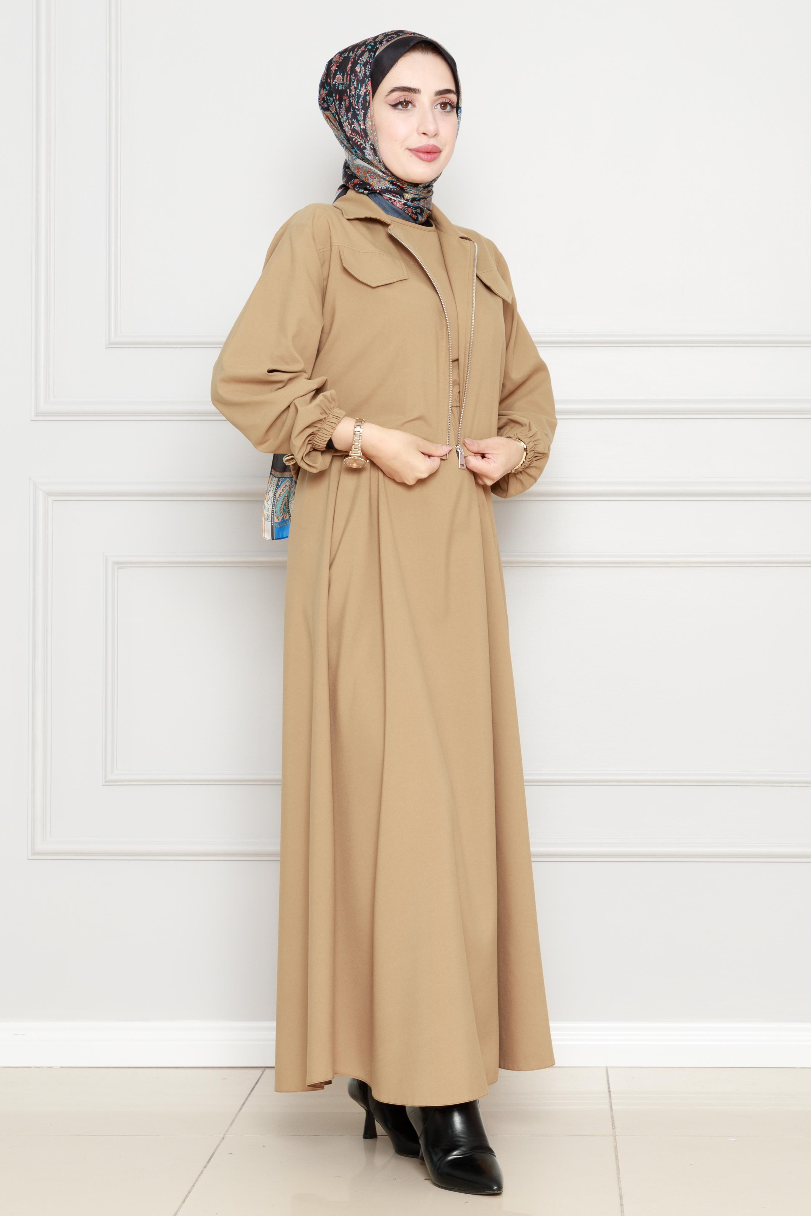 A modern dress with jacket -Tan color