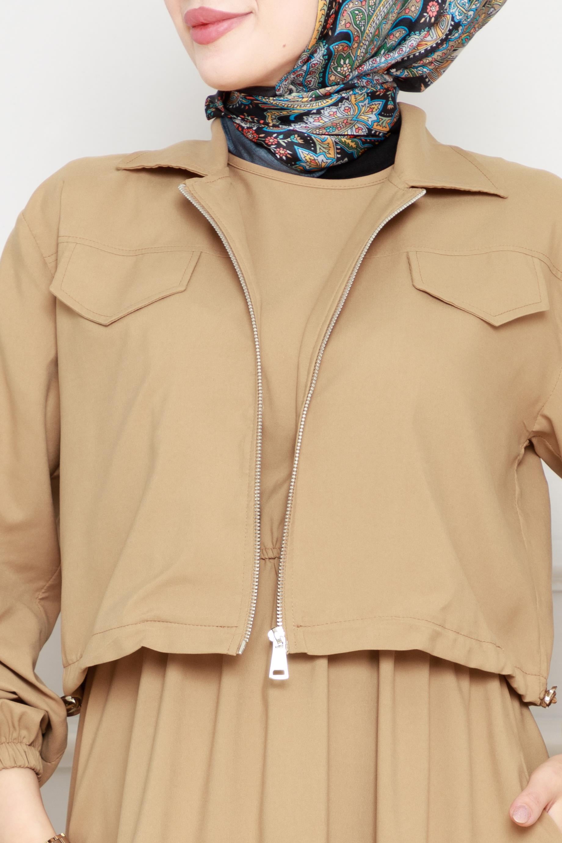 A modern dress with jacket -Tan color