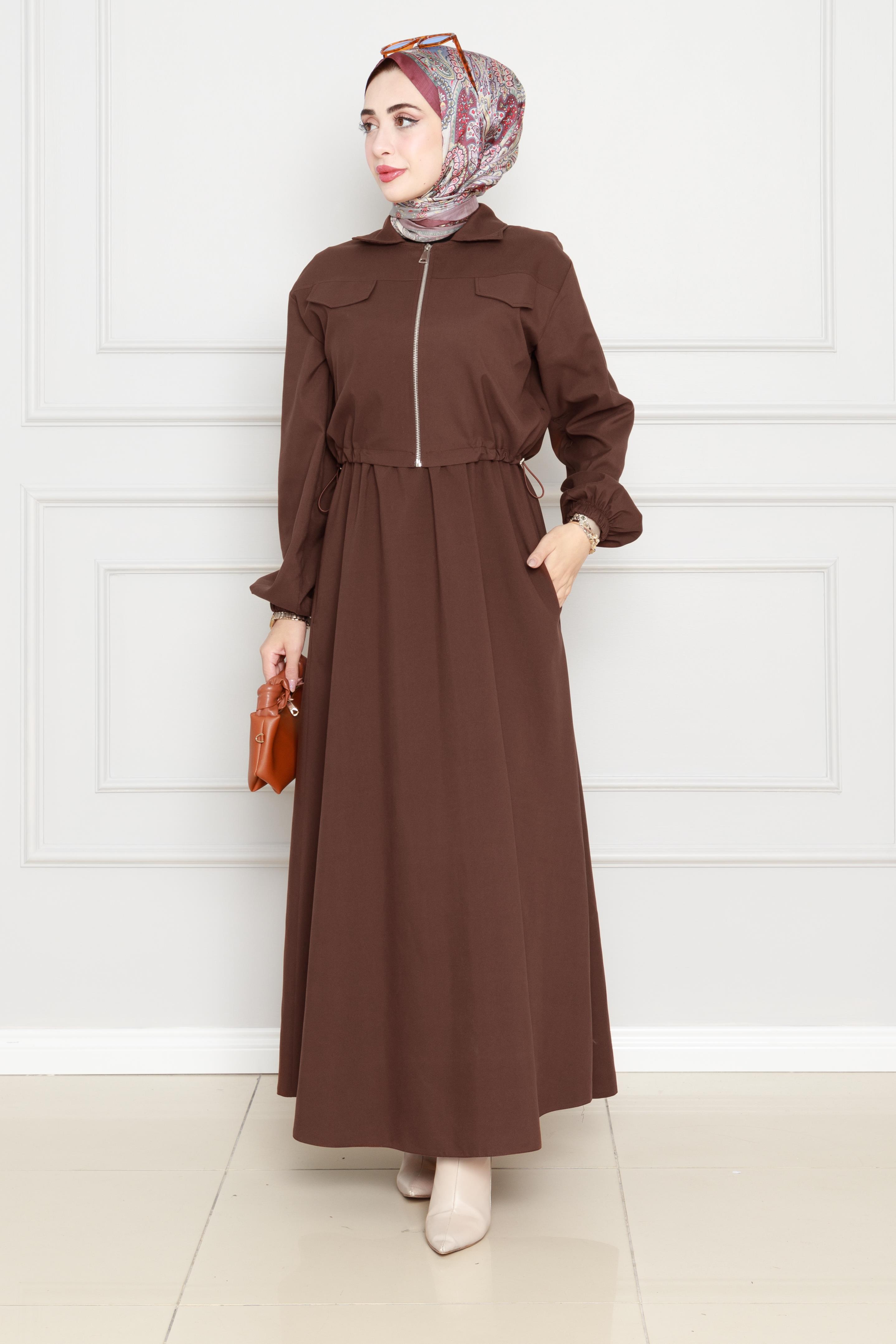 A modern dress with jacket -Brown color