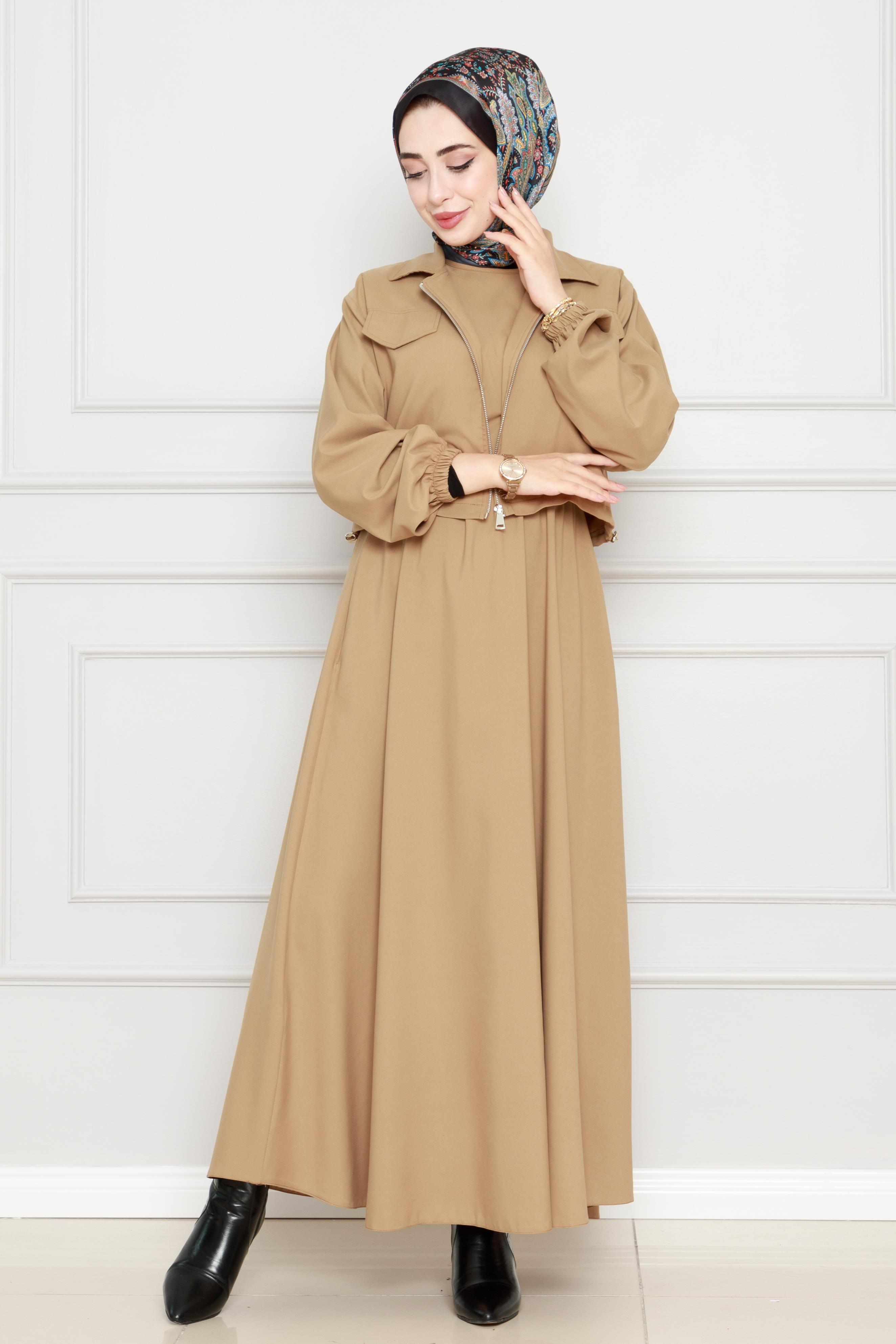 A modern dress with jacket -Tan color