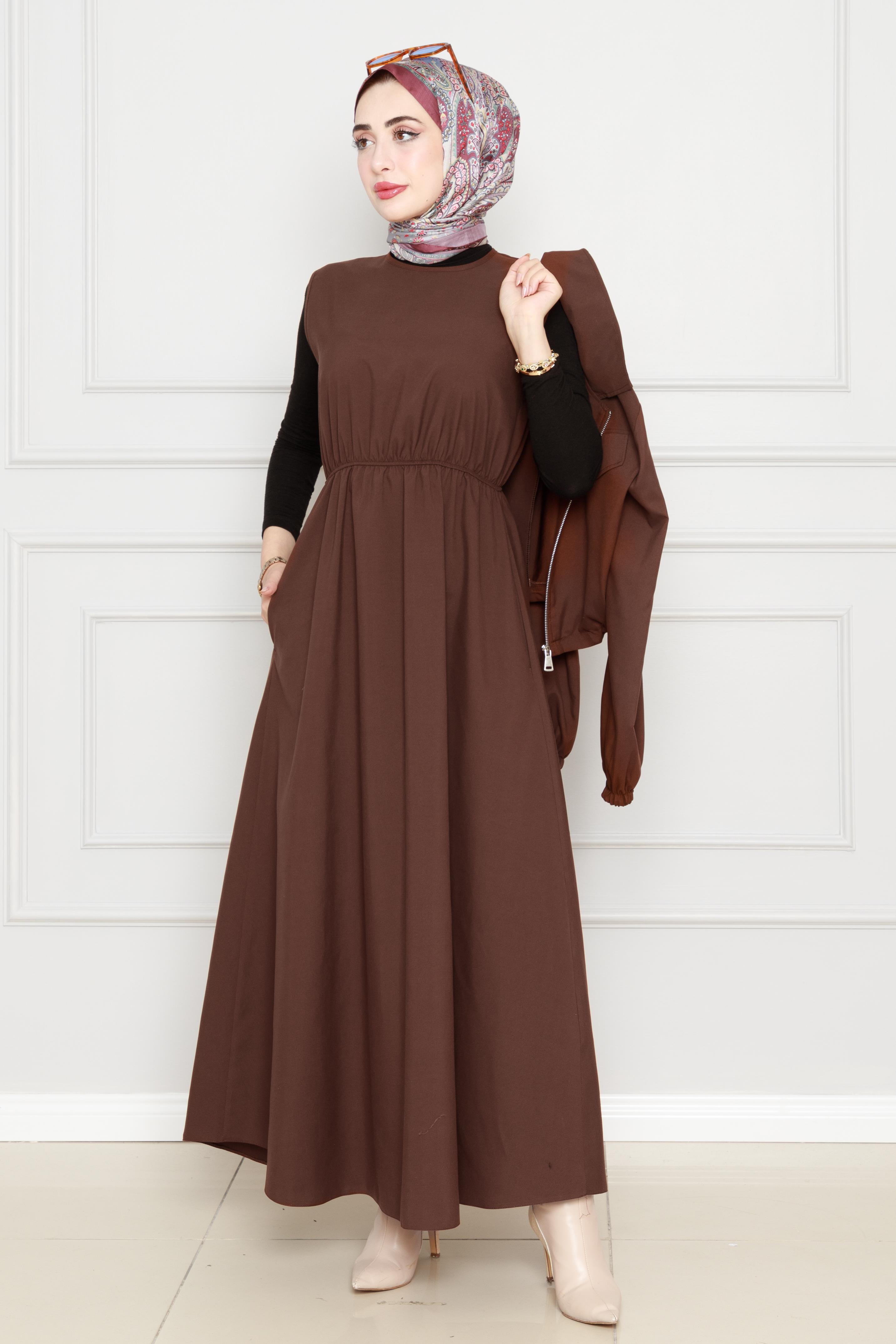 A modern dress with jacket -Brown color