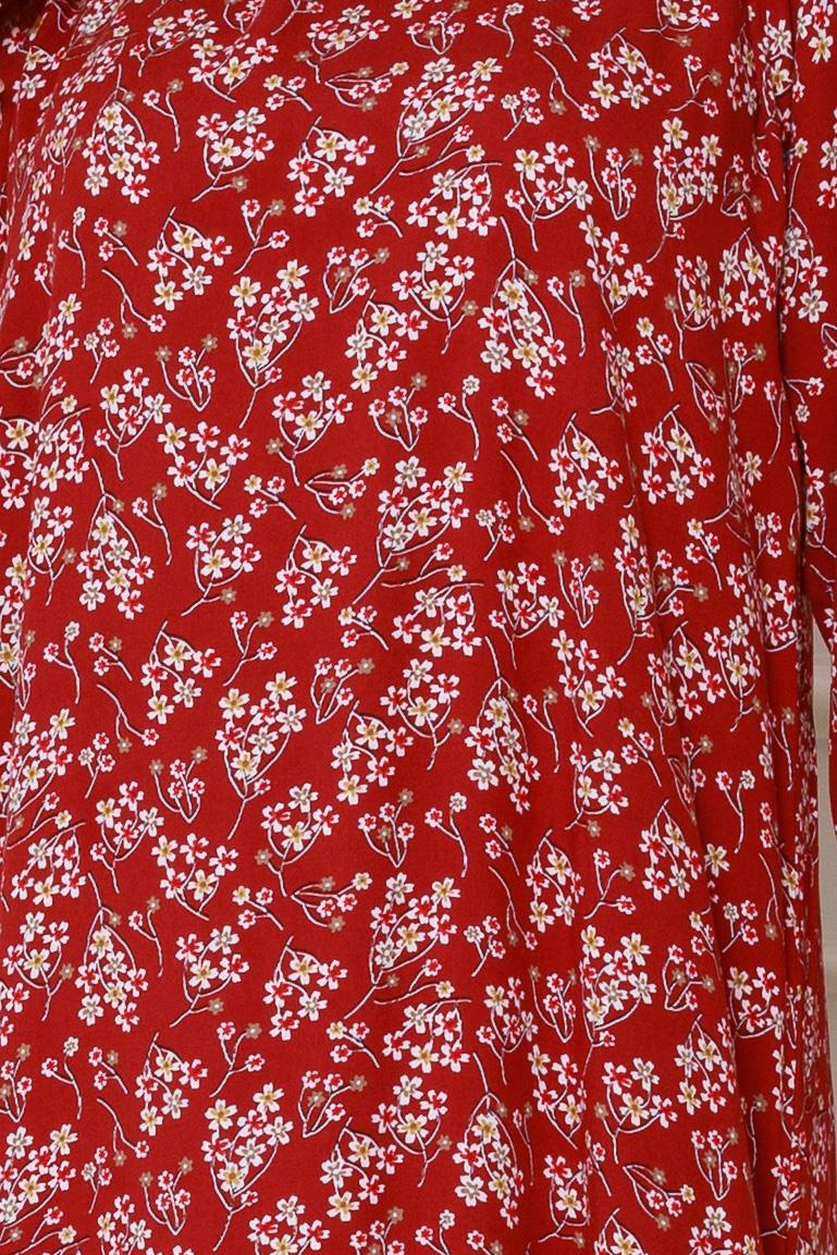 Floral Patterned Coated Belted Dress - Red