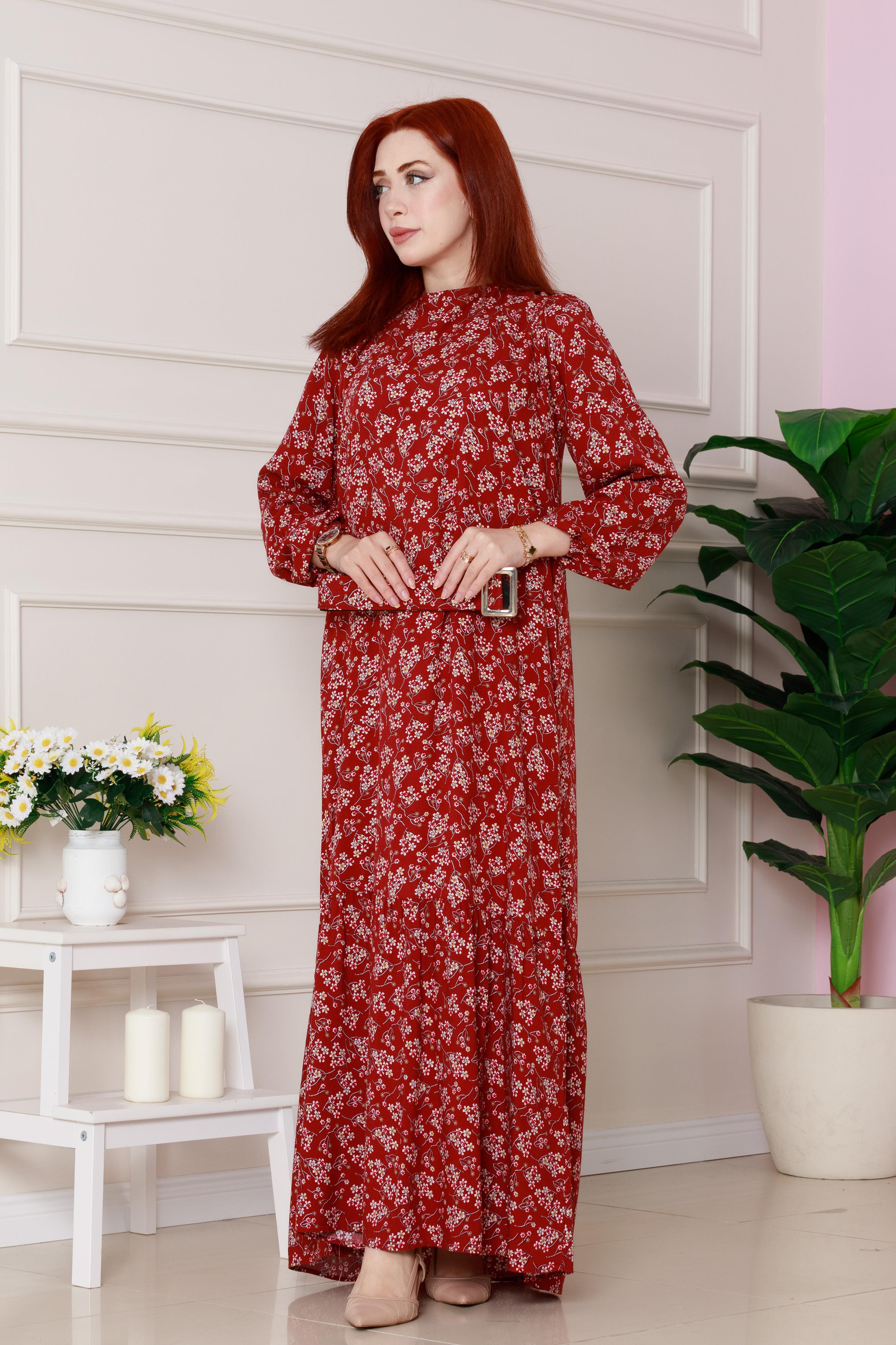 Floral Patterned Coated Belted Dress - Red
