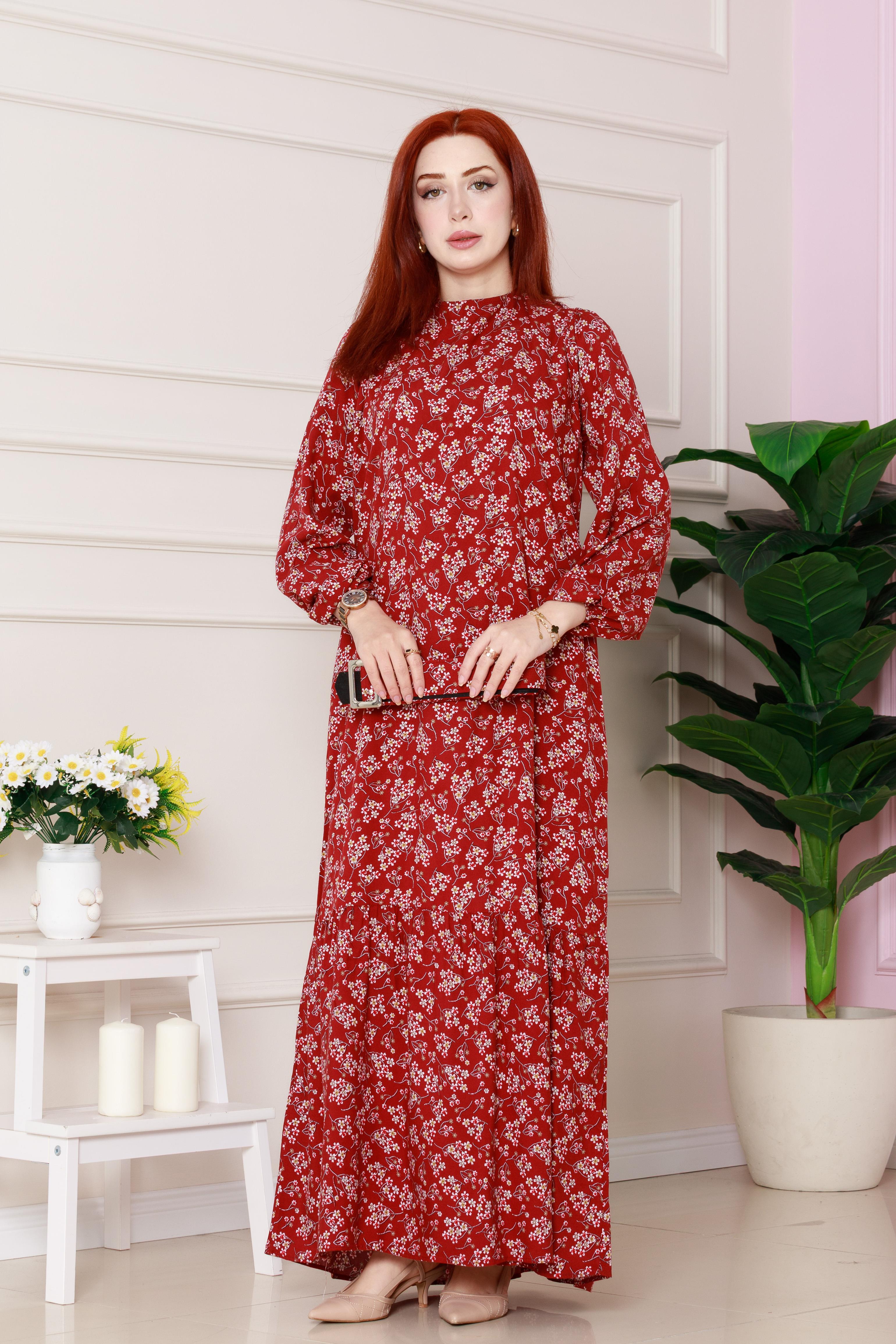 Floral Patterned Coated Belted Dress - Red