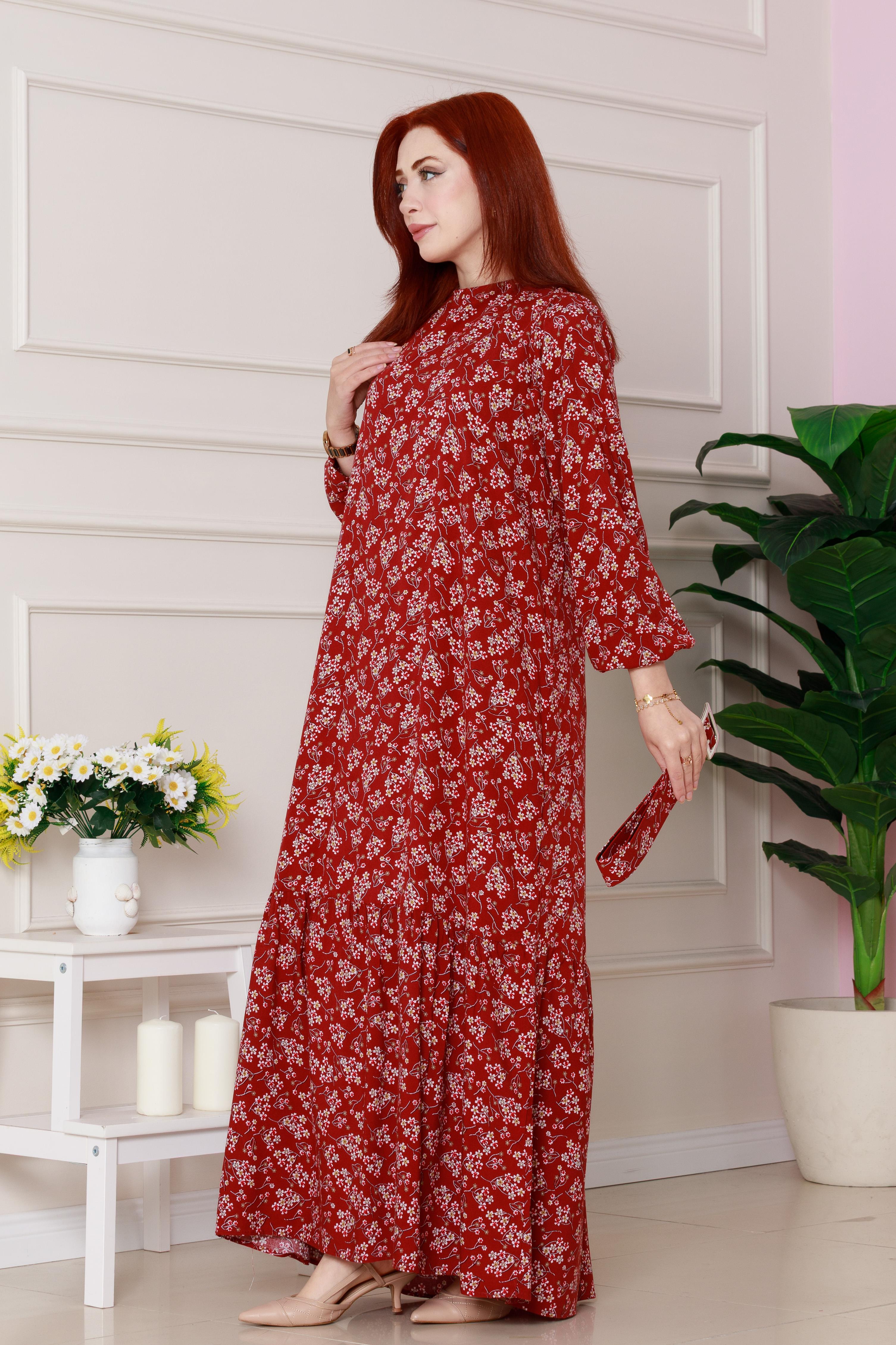 Floral Patterned Coated Belted Dress - Red