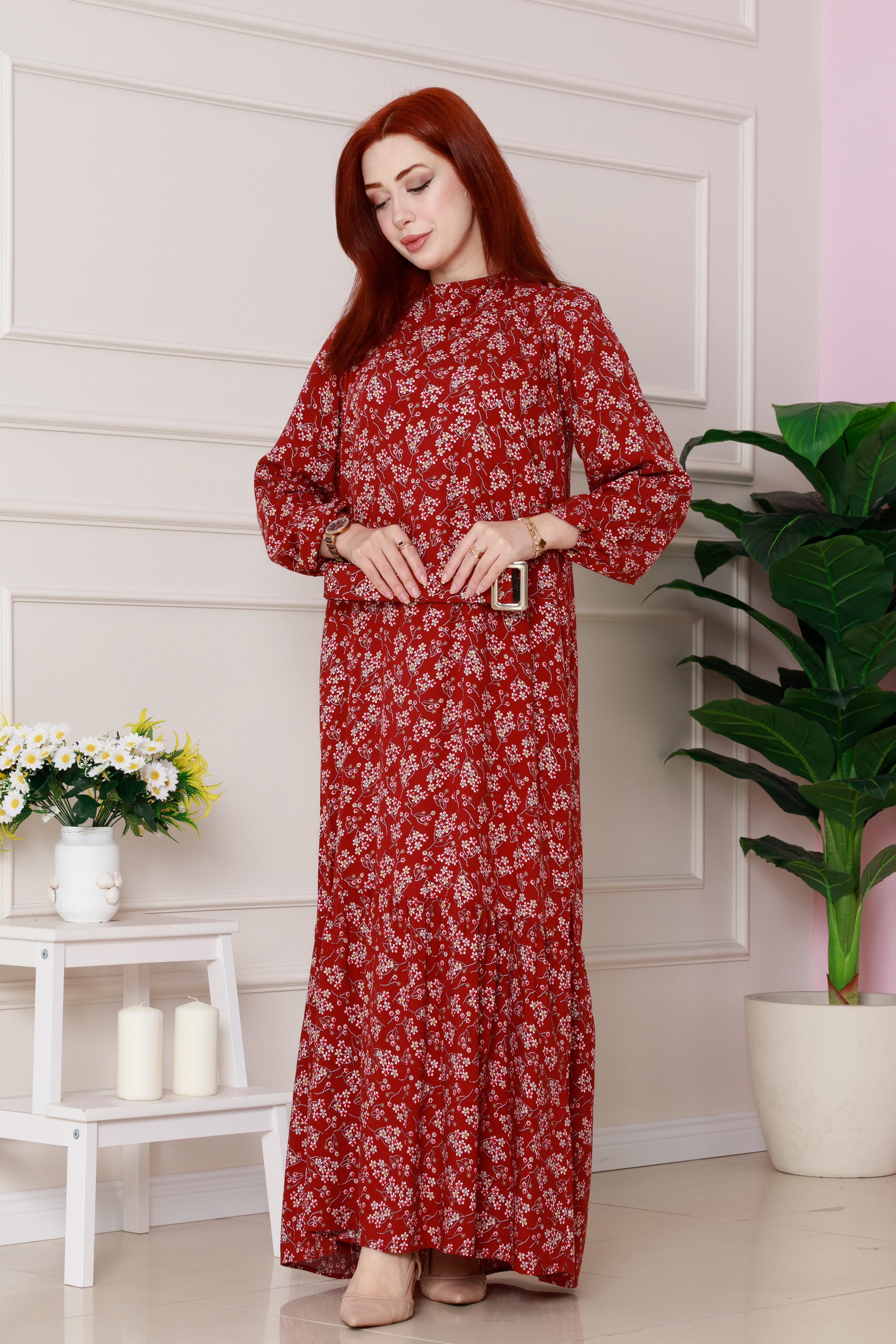 Floral Patterned Coated Belted Dress - Red