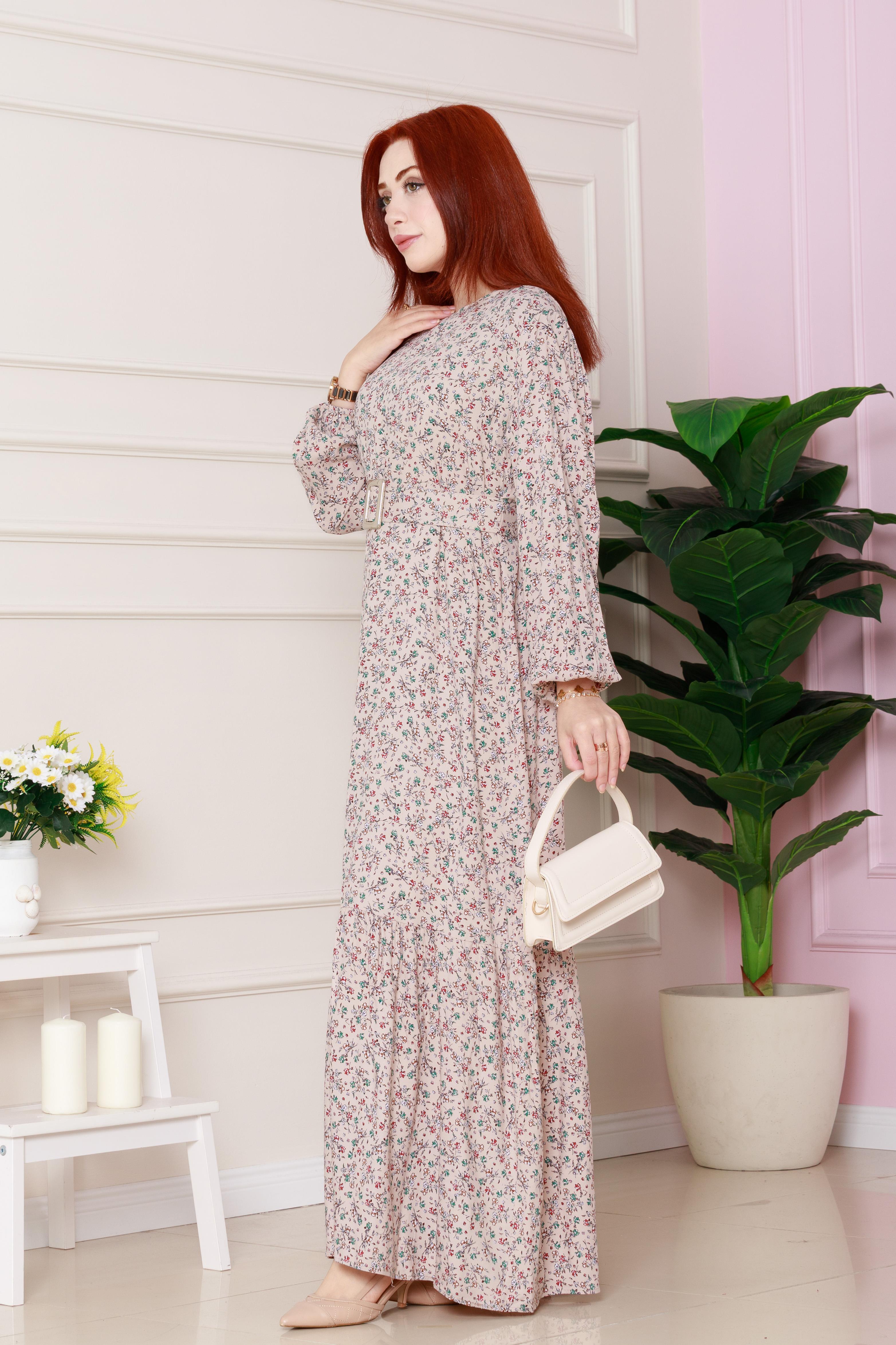 Floral Patterned Canvas Dress - Beige