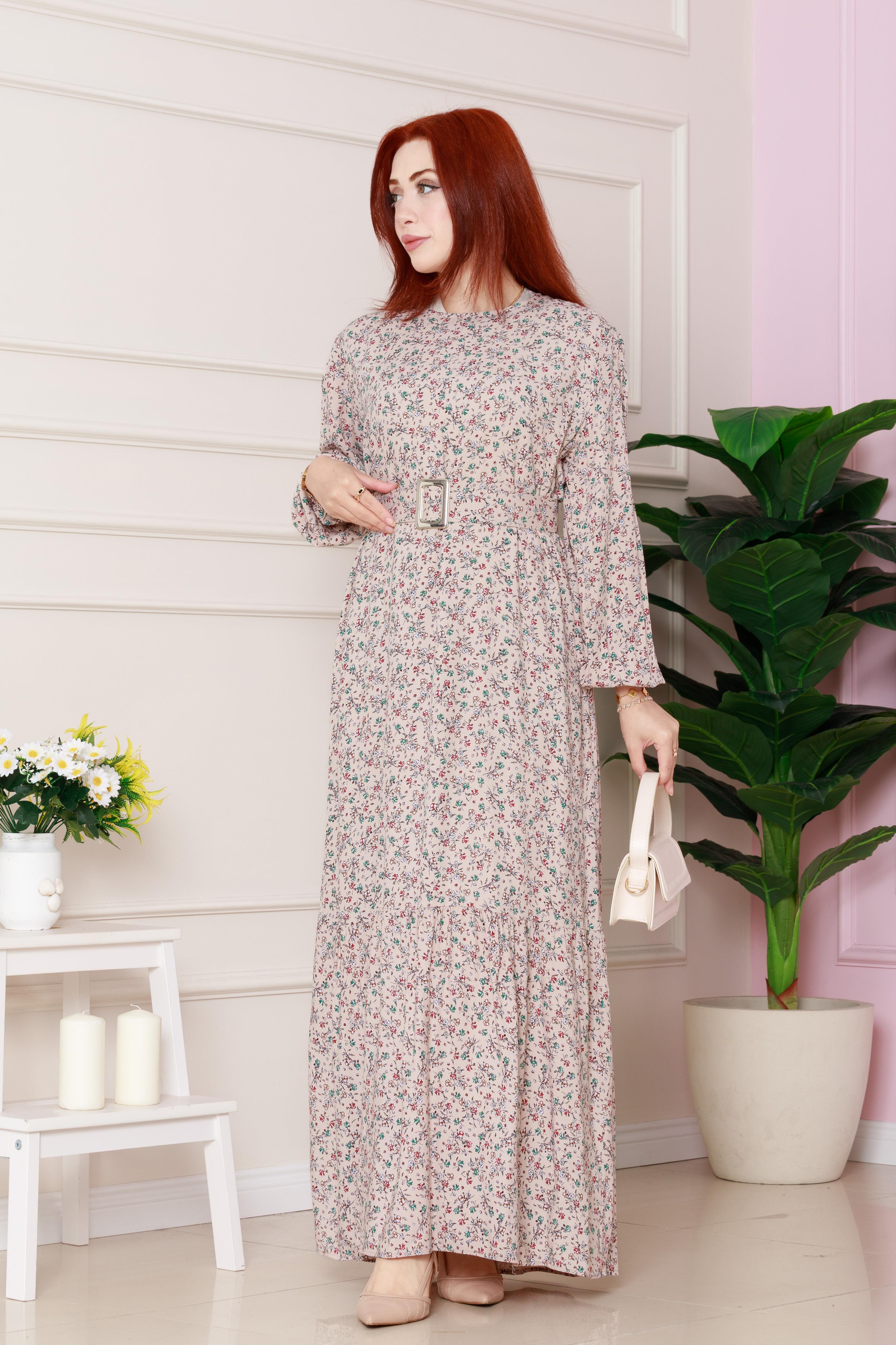 Floral Patterned Canvas Dress - Beige