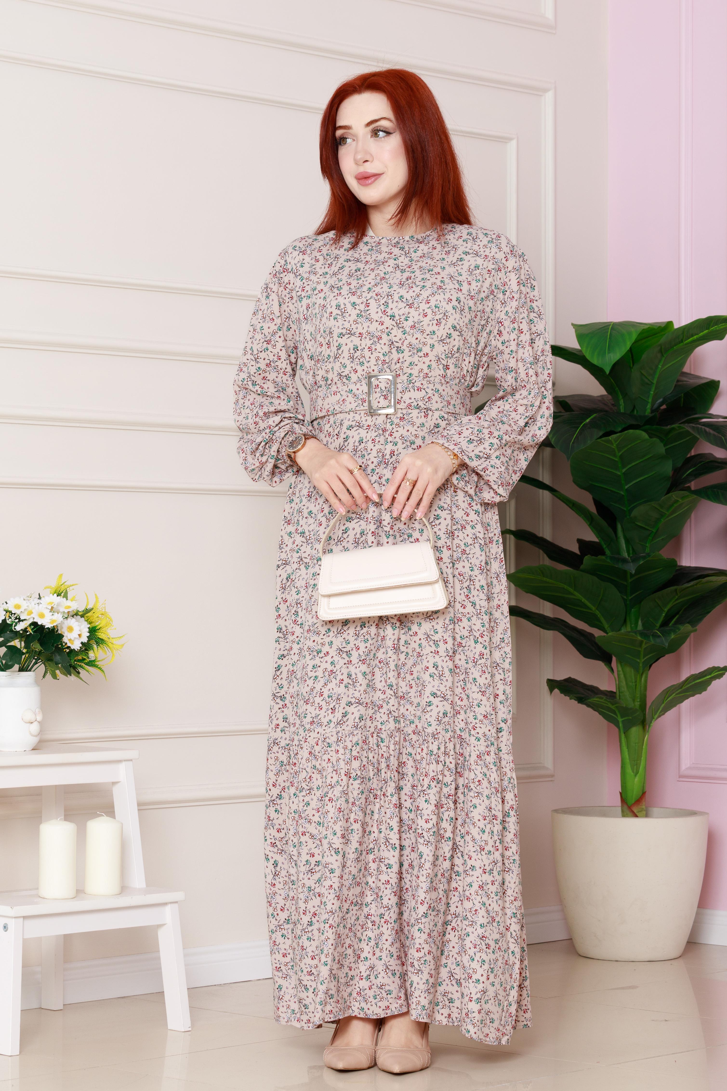 Floral Patterned Canvas Dress - Beige