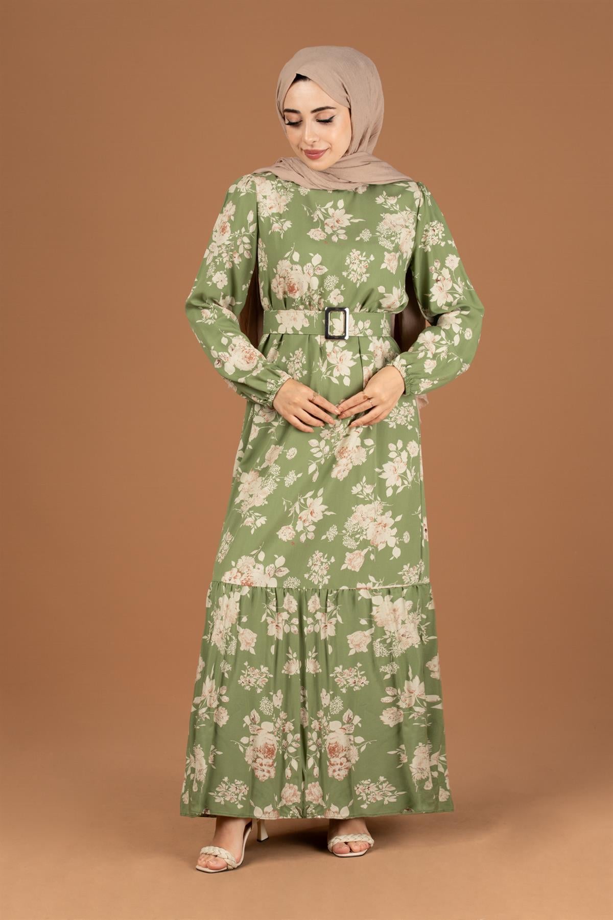 Flower Patterned Viscose Dress-Light Green