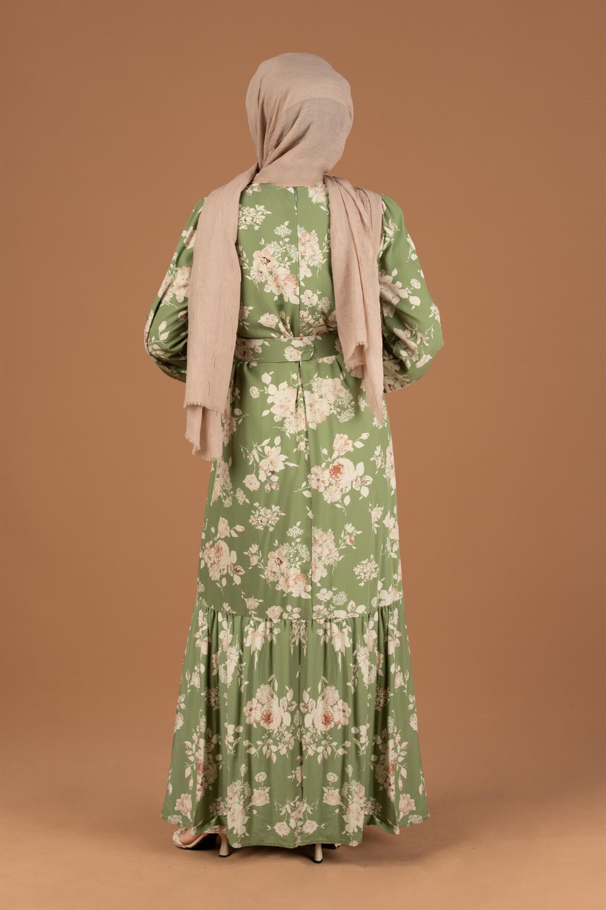 Flower Patterned Viscose Dress-Light Green