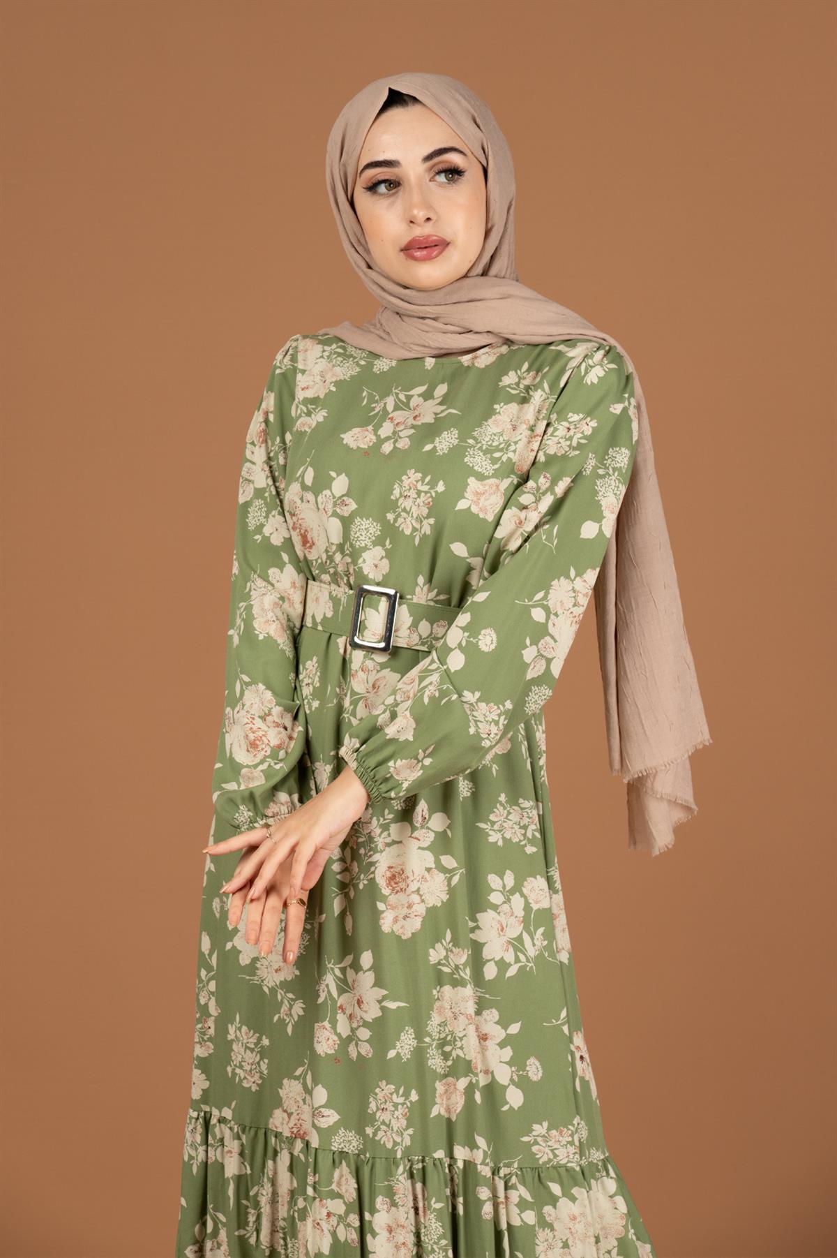 Flower Patterned Viscose Dress-Light Green