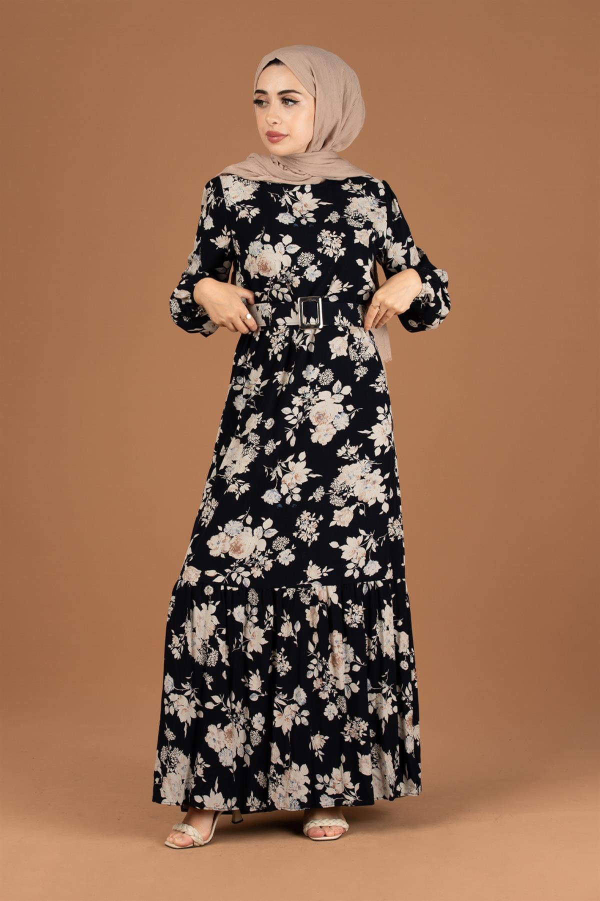 Flower Patterned Viscose Dress-Navy Blue