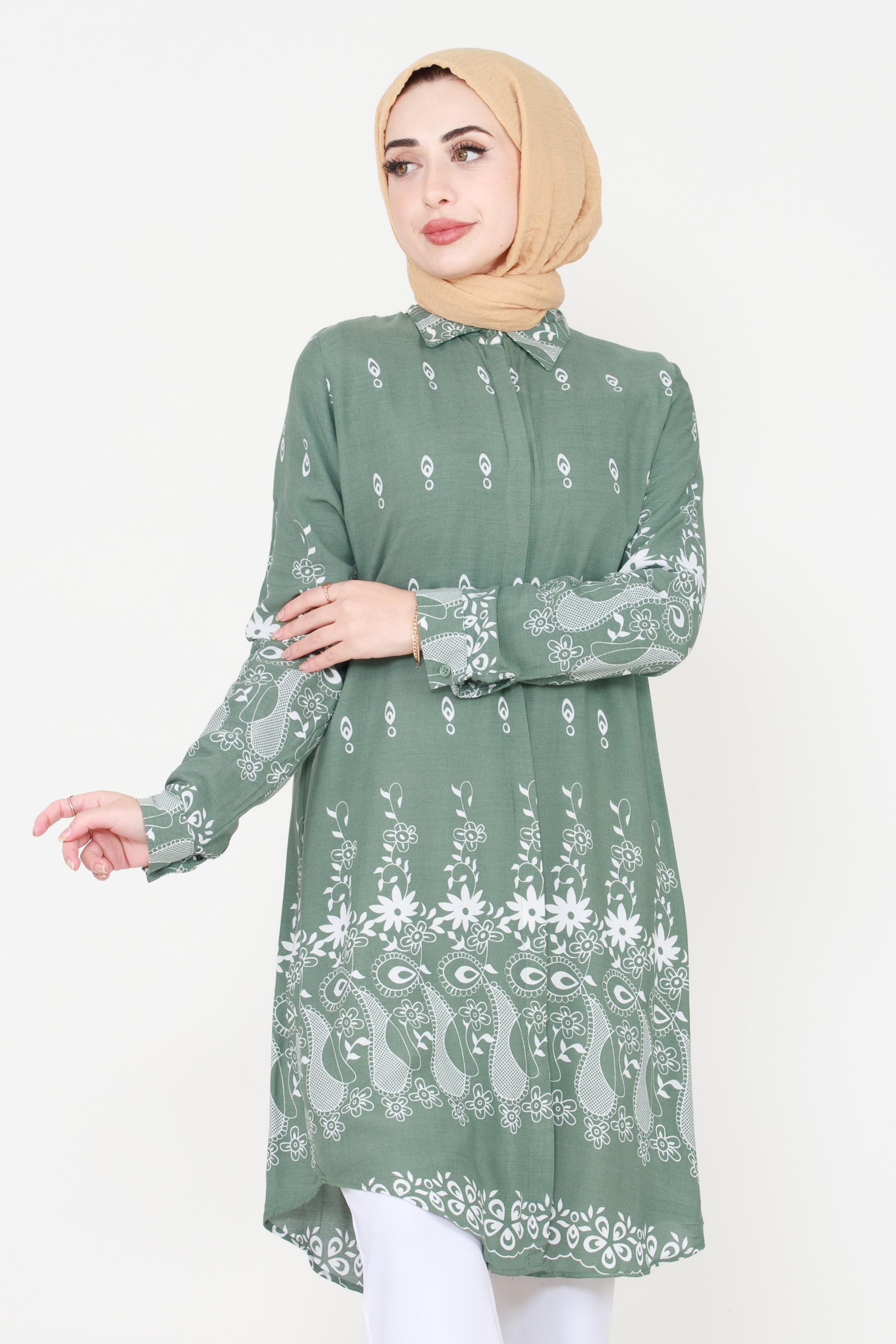 Floral Patterned Viscose Tunic - Mint Green