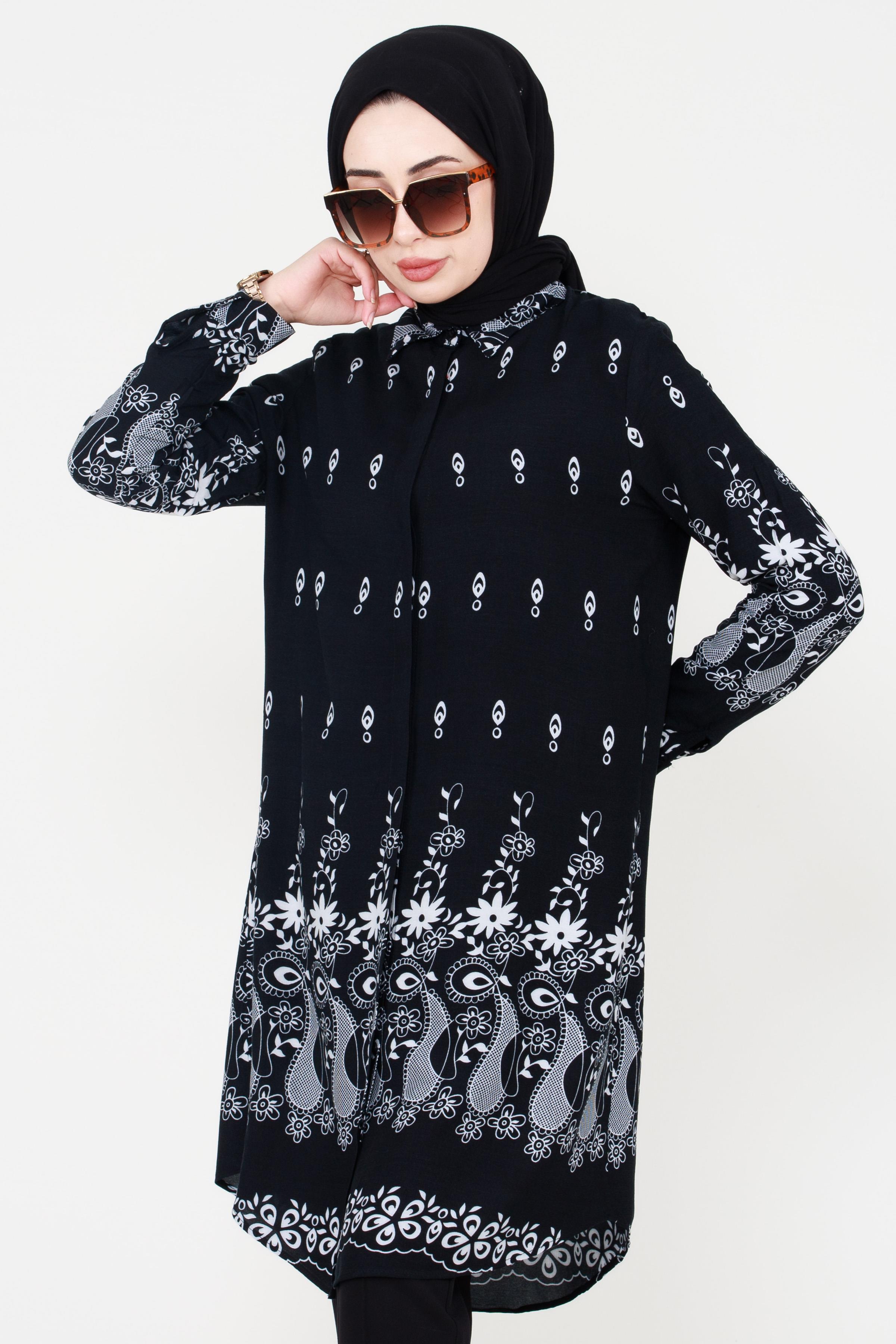 Floral Patterned Viscose Tunic - Black